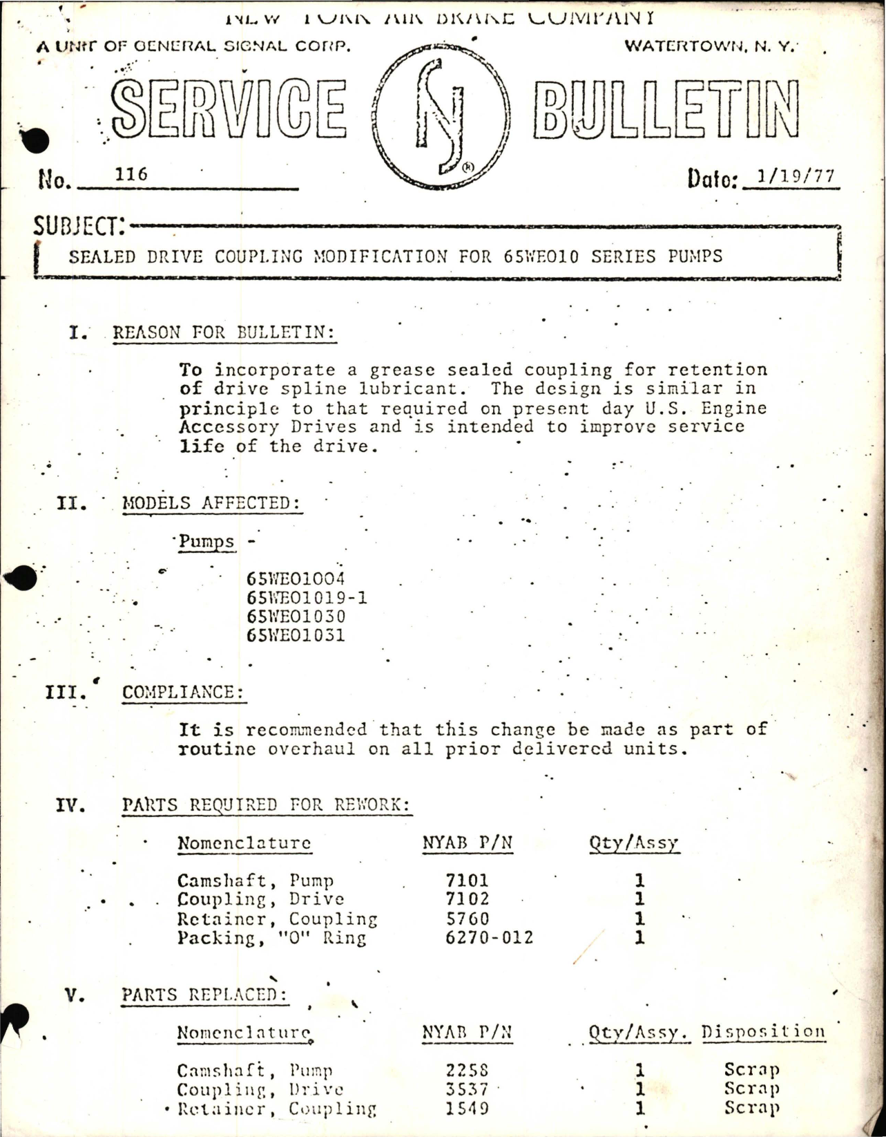 Sample page 1 from AirCorps Library document: Sealed Drive Coupling Modification for 65WE010 Series Pumps 
