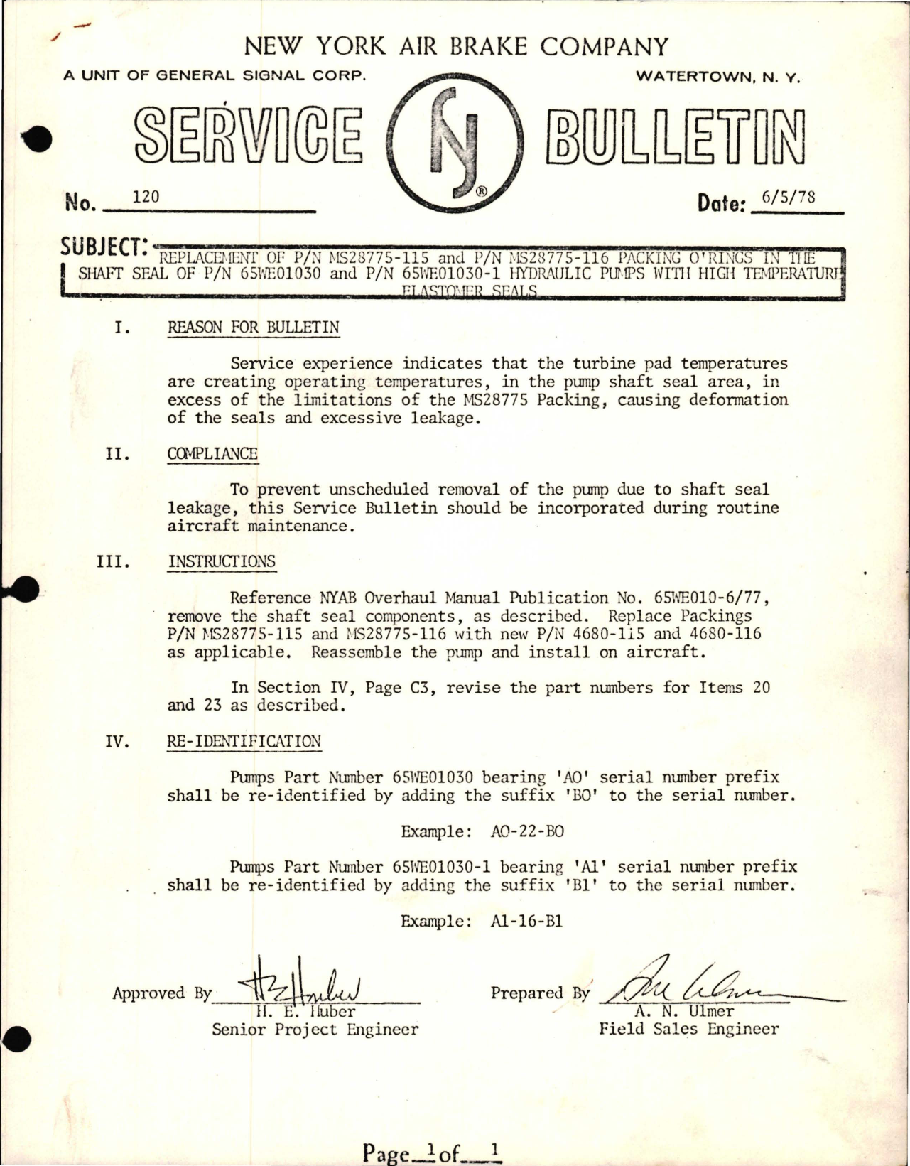 Sample page 1 from AirCorps Library document: Replacement Packing O-Rings in Shaft Seal of Hydraulic Pumps with High Temperature Elastomer Seals 