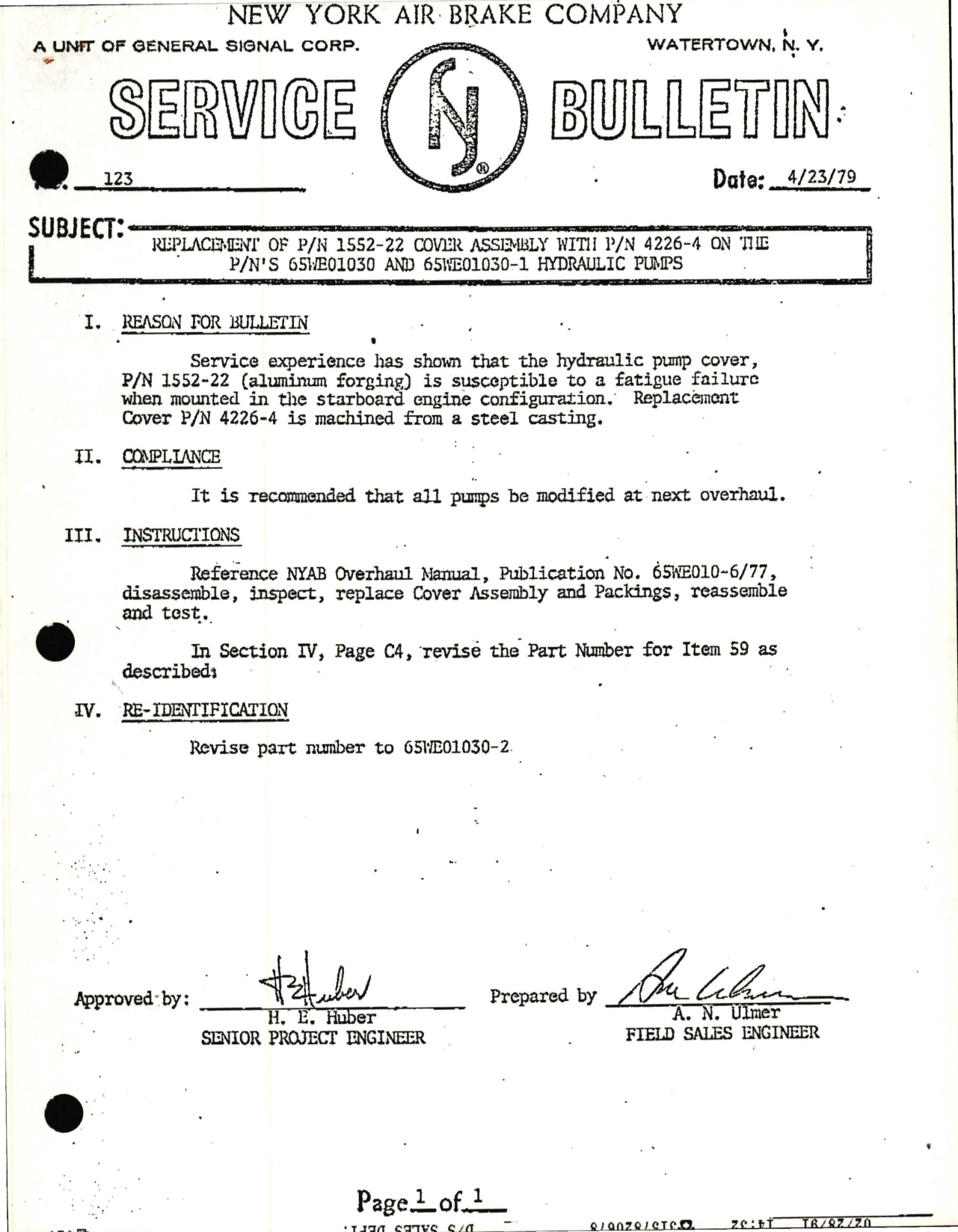 Sample page 1 from AirCorps Library document: Replacement of Part 1552-22 Cover Assembly with Part 4226-4 on Hydraulic Pumps 65WE01030 and 65WE01030-1