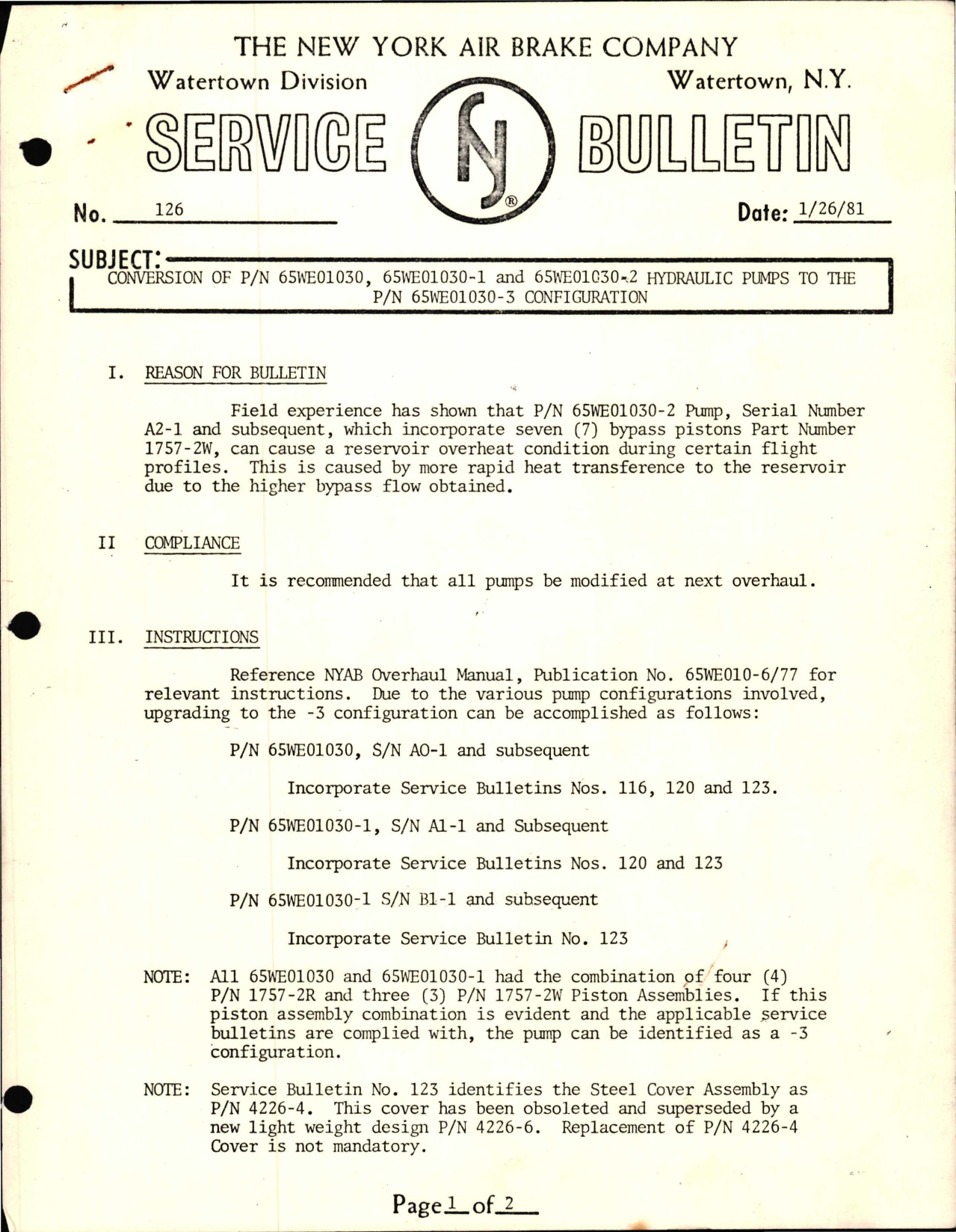 Sample page 1 from AirCorps Library document: Conversion of Hydraulic Pumps 65WE01030, 65WE01030-1 and 65WE01030-3 to Part 65WE01030-3 Configuration 