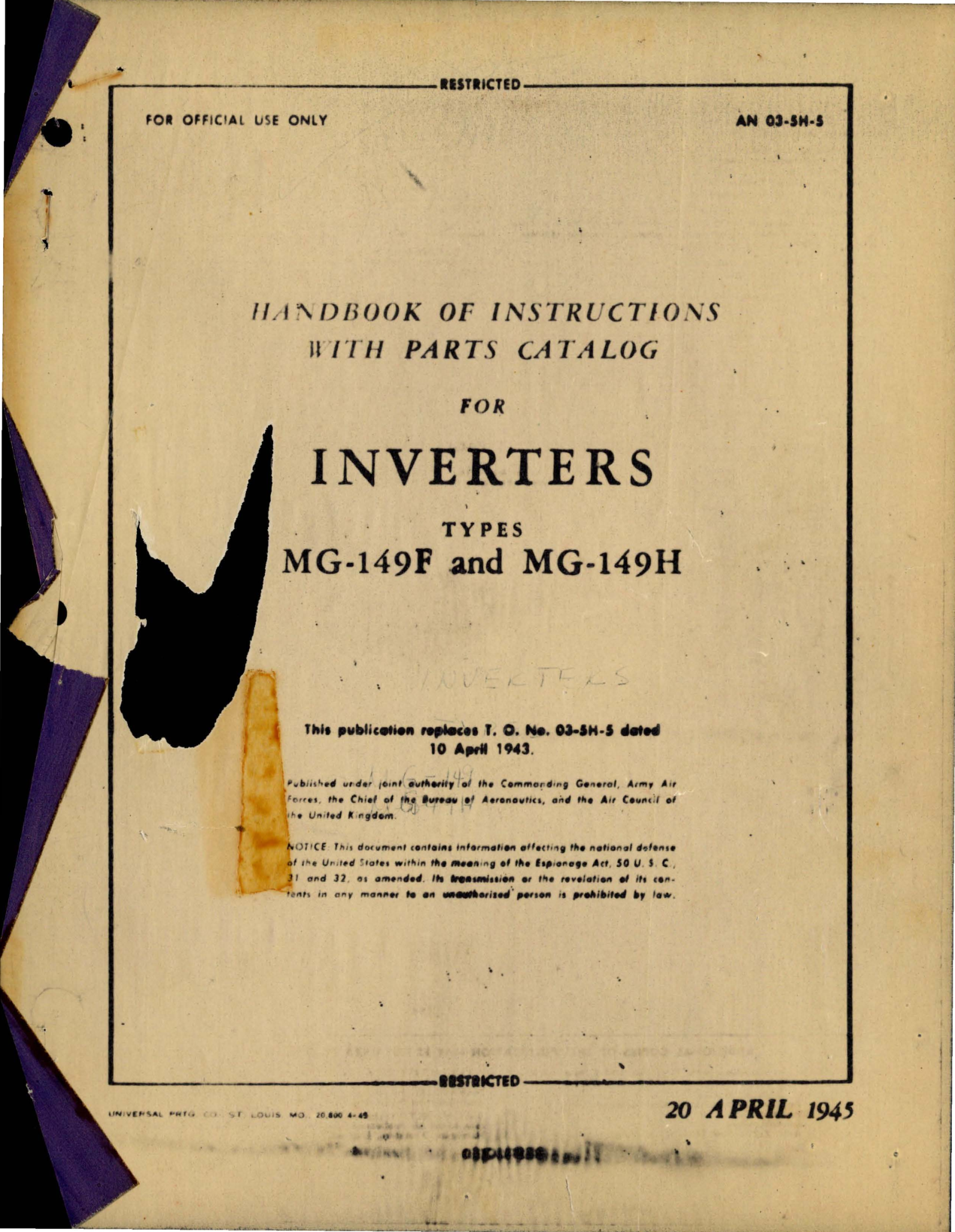 Sample page 1 from AirCorps Library document: Instructions with Parts Catalog for Inverters - Types MG-149F and MG-149H 