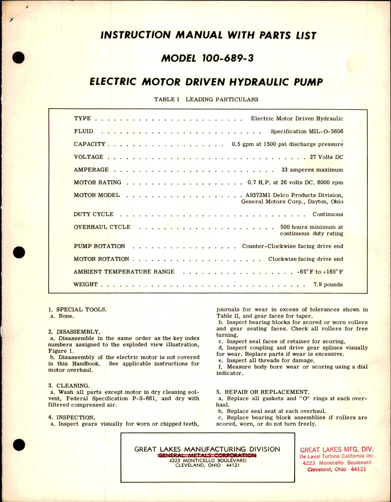 Sample page 1 from AirCorps Library document: Instruction Manual with Parts List for Electric Motor Driven Hydraulic Pump - Model 100-689-3 