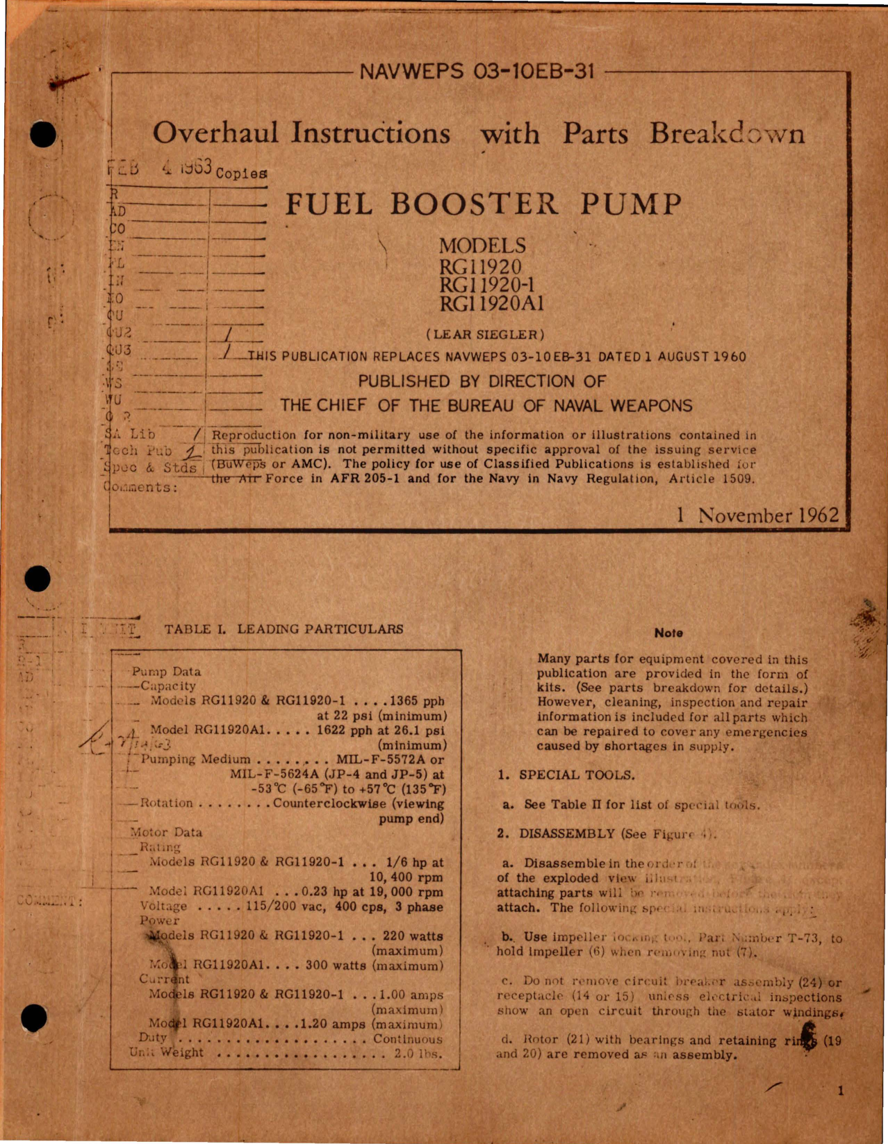 Sample page 1 from AirCorps Library document: Overhaul Instructions with Parts for Fuel Booster Pump - Models RG11920, RG11920-1, RG11920A1