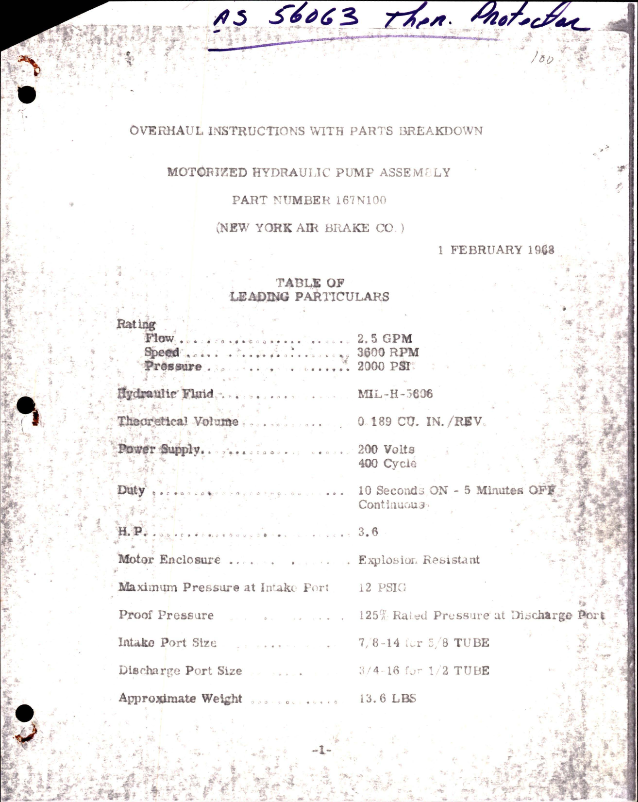 Sample page 1 from AirCorps Library document: Overhaul Instructions with Parts Breakdown for Motorized Hydraulic Pump Assembly - Part 167N100 