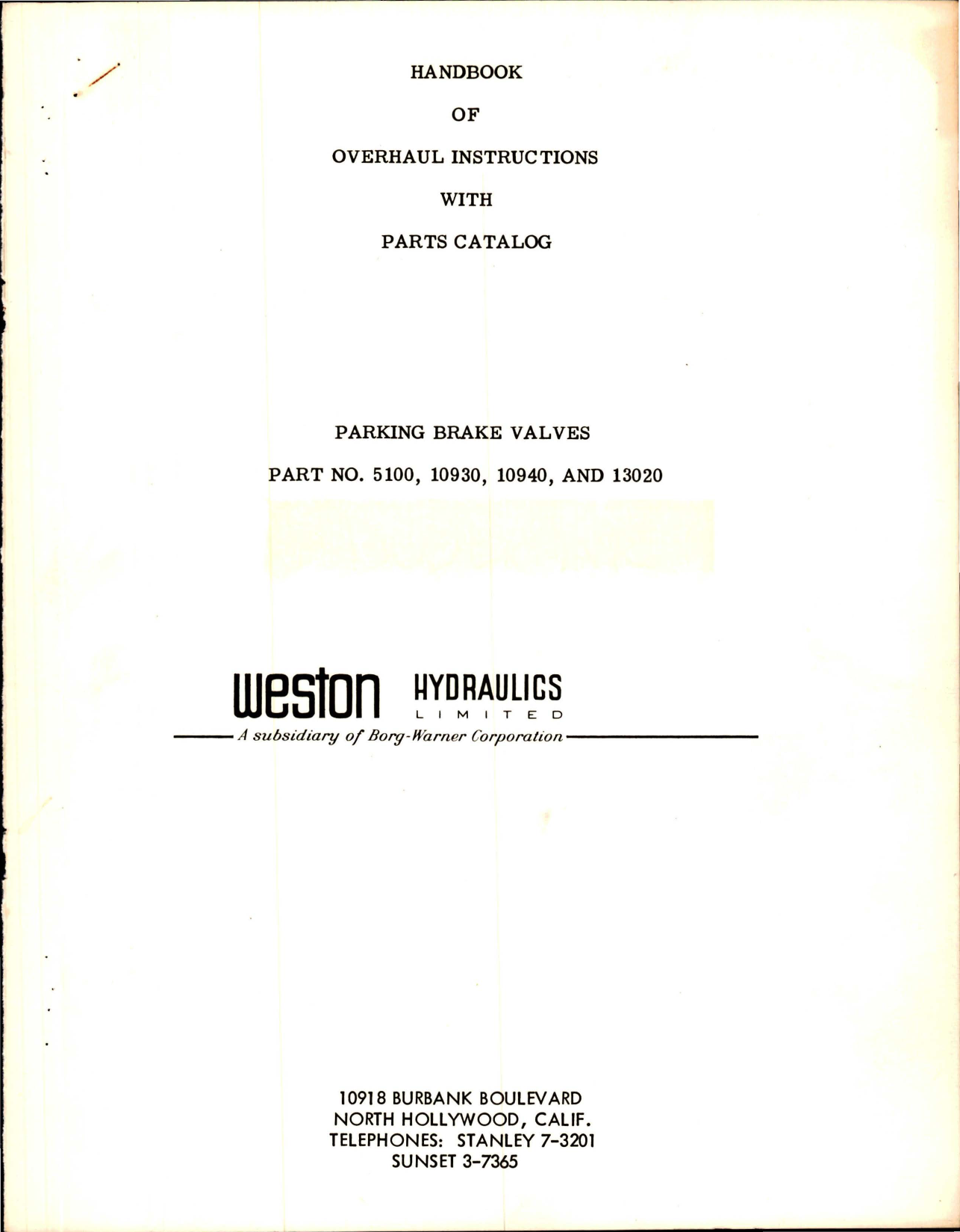 Sample page 1 from AirCorps Library document: Overhaul Instructions with Parts Catalog for Parking Brake Valves - Part 5100, 10930, 10940 and 10320 