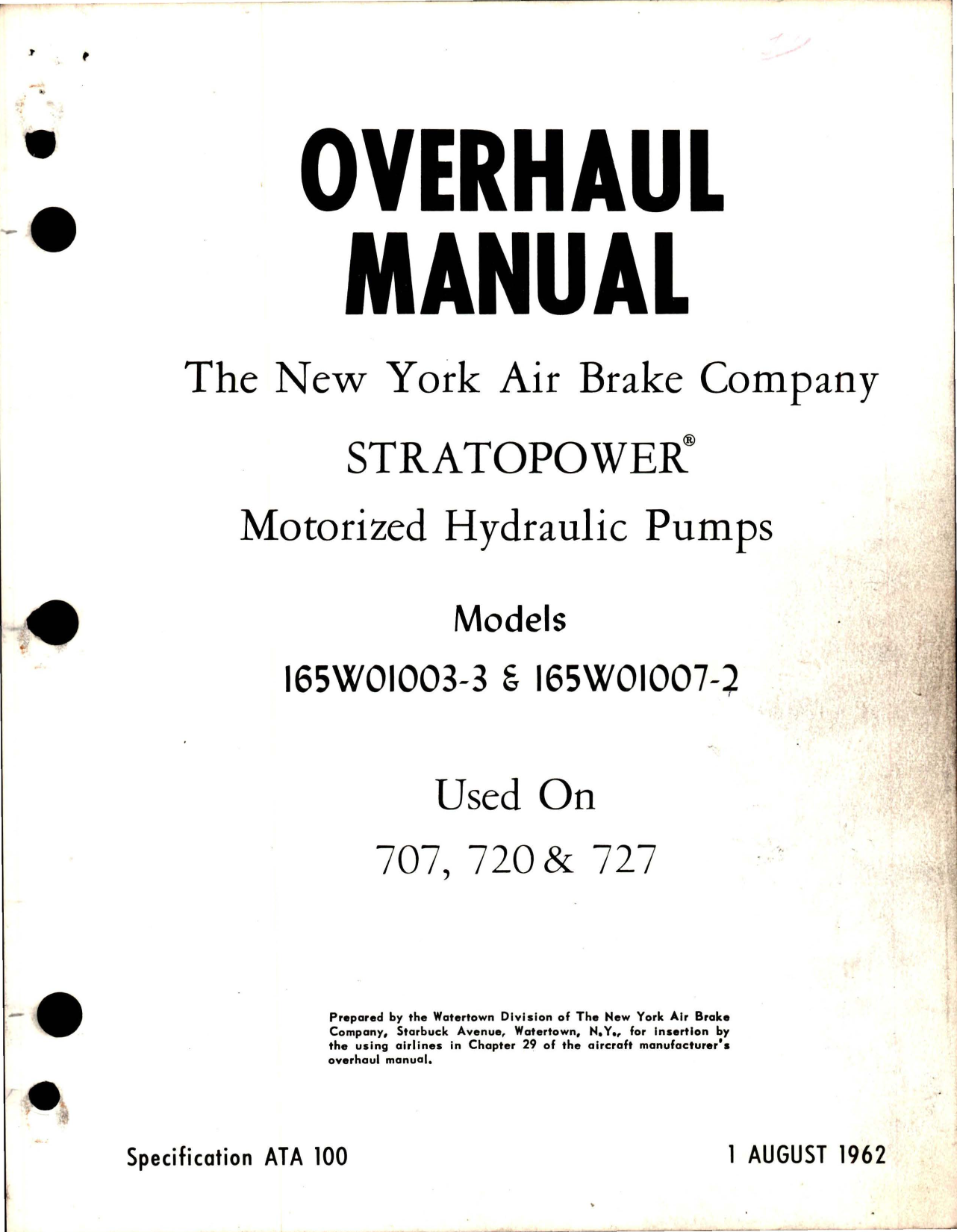 Sample page 1 from AirCorps Library document: Overhaul Manual for Stratopower Motorized Hydraulic Pumps - Models 165W01003-3 and 165W01007-2 