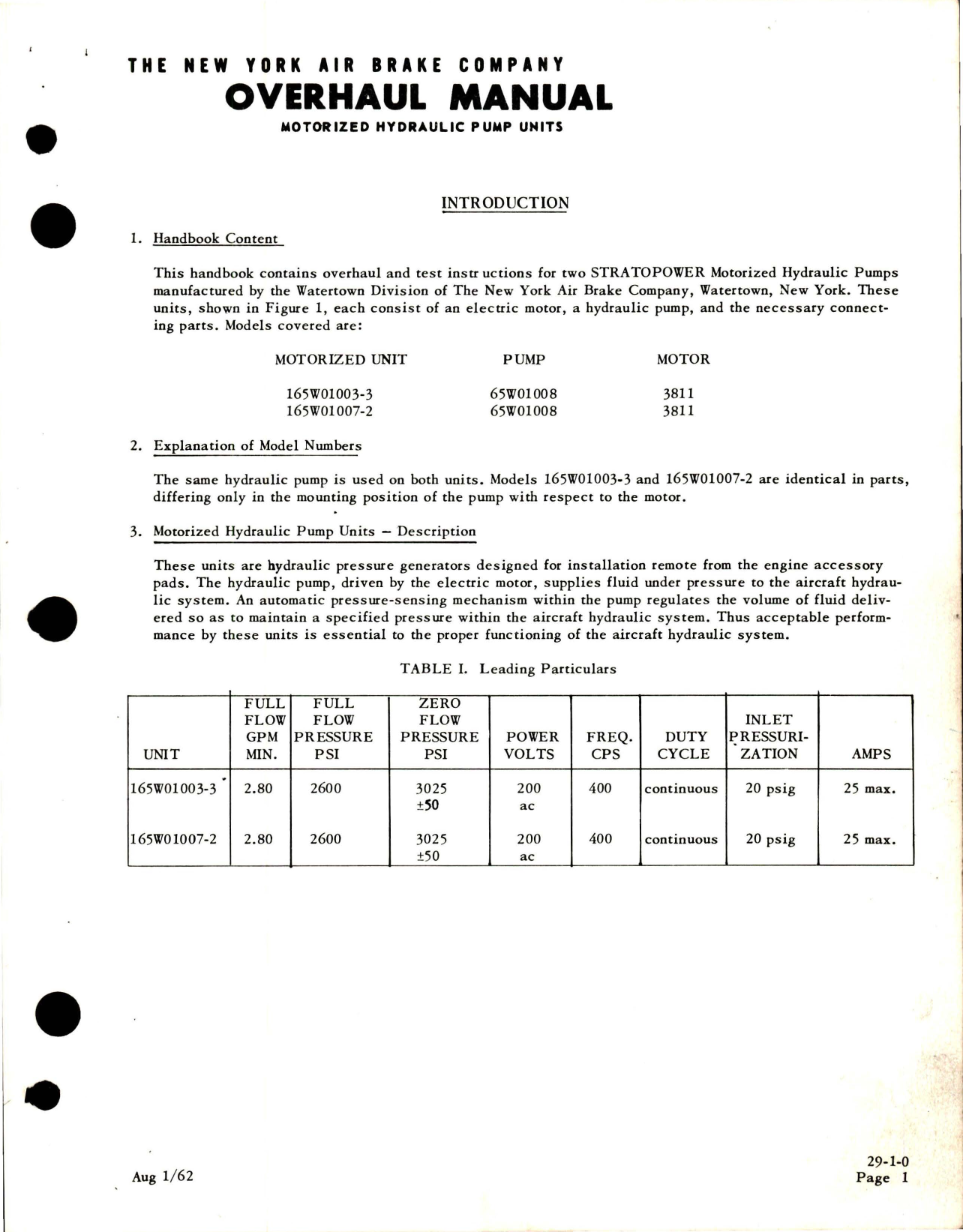 Sample page 5 from AirCorps Library document: Overhaul Manual for Stratopower Motorized Hydraulic Pumps - Models 165W01003-3 and 165W01007-2 