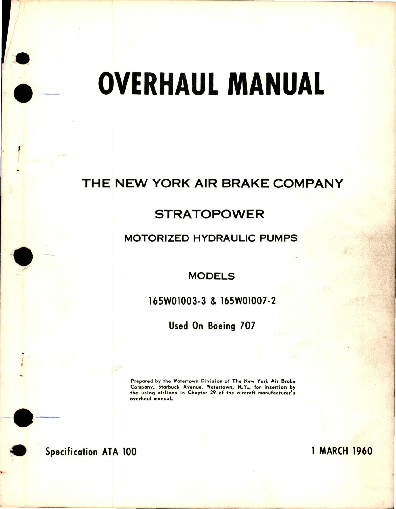 Sample page 1 from AirCorps Library document: Overhaul Manual for Stratopower Motorized Hydraulic Pumps - Models 165W01003-3 and 165W01007-2 