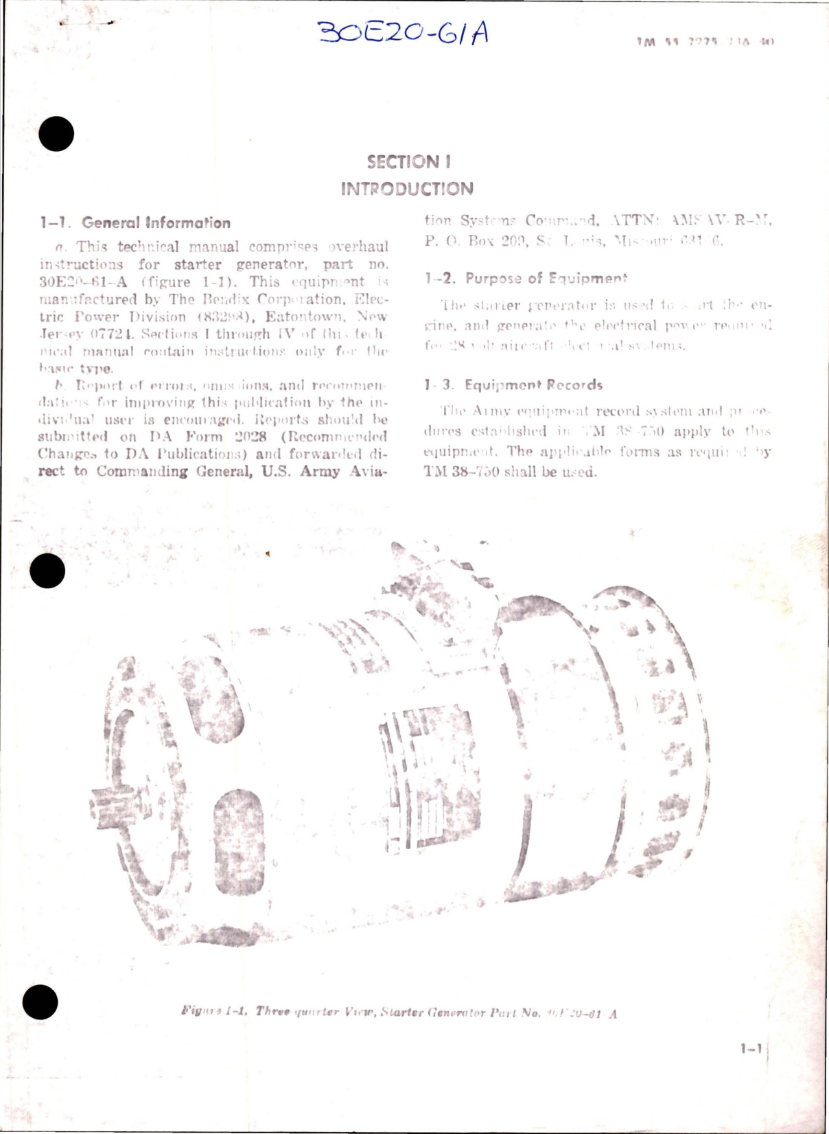 Sample page 1 from AirCorps Library document: Maintenance Manual for Starter Generator - Part 30E20-61-A 