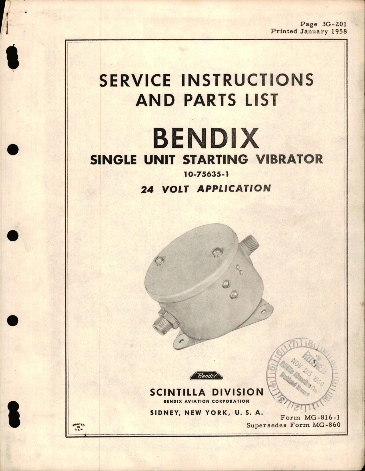 Sample page 1 from AirCorps Library document: Service Instructions with Parts List for Bendix Single Unit Starting Vibrator 10-75635-1