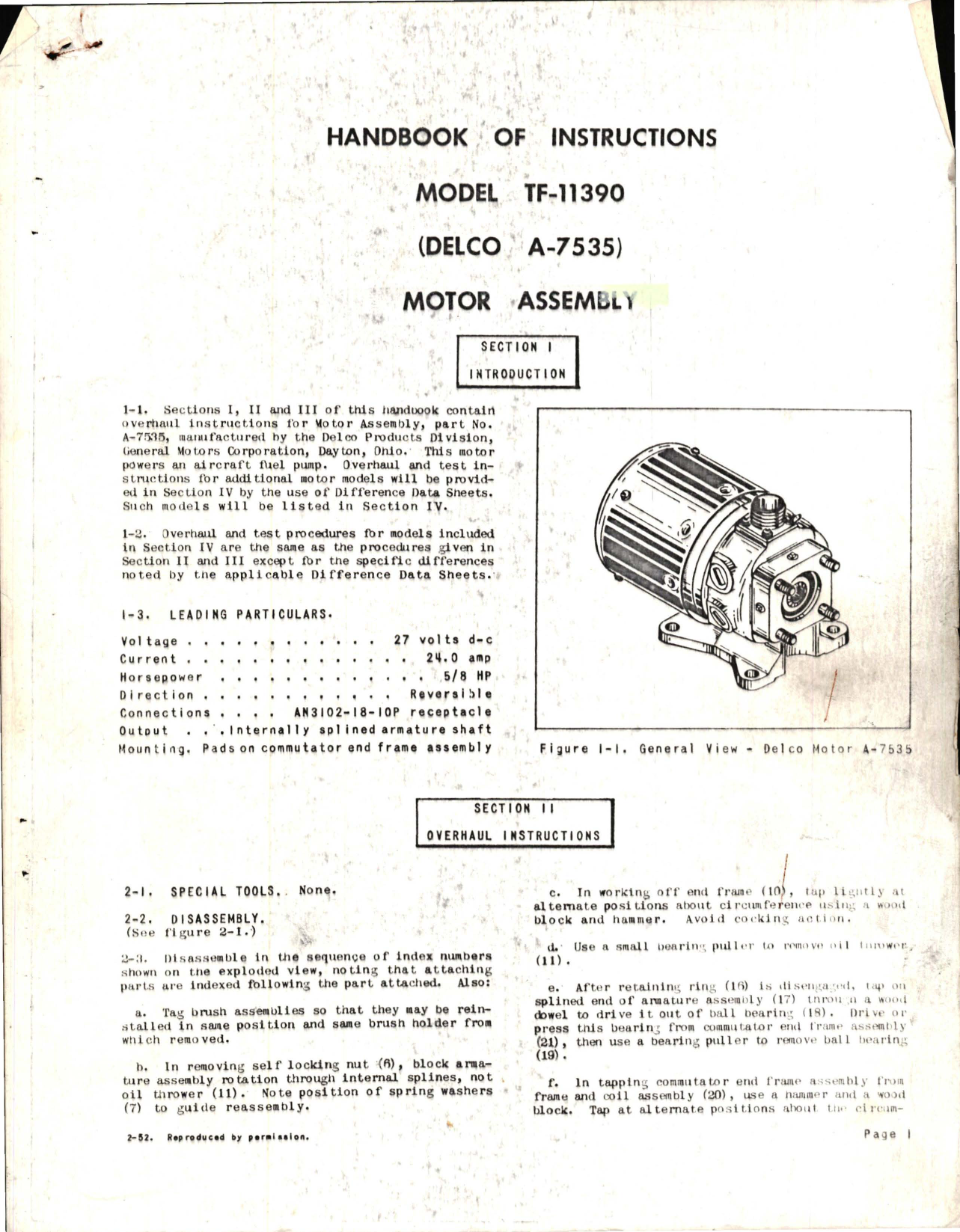 Sample page 1 from AirCorps Library document: Handbook of Instructions for Model TF-11390 Motor Assembly - Delco A-7535