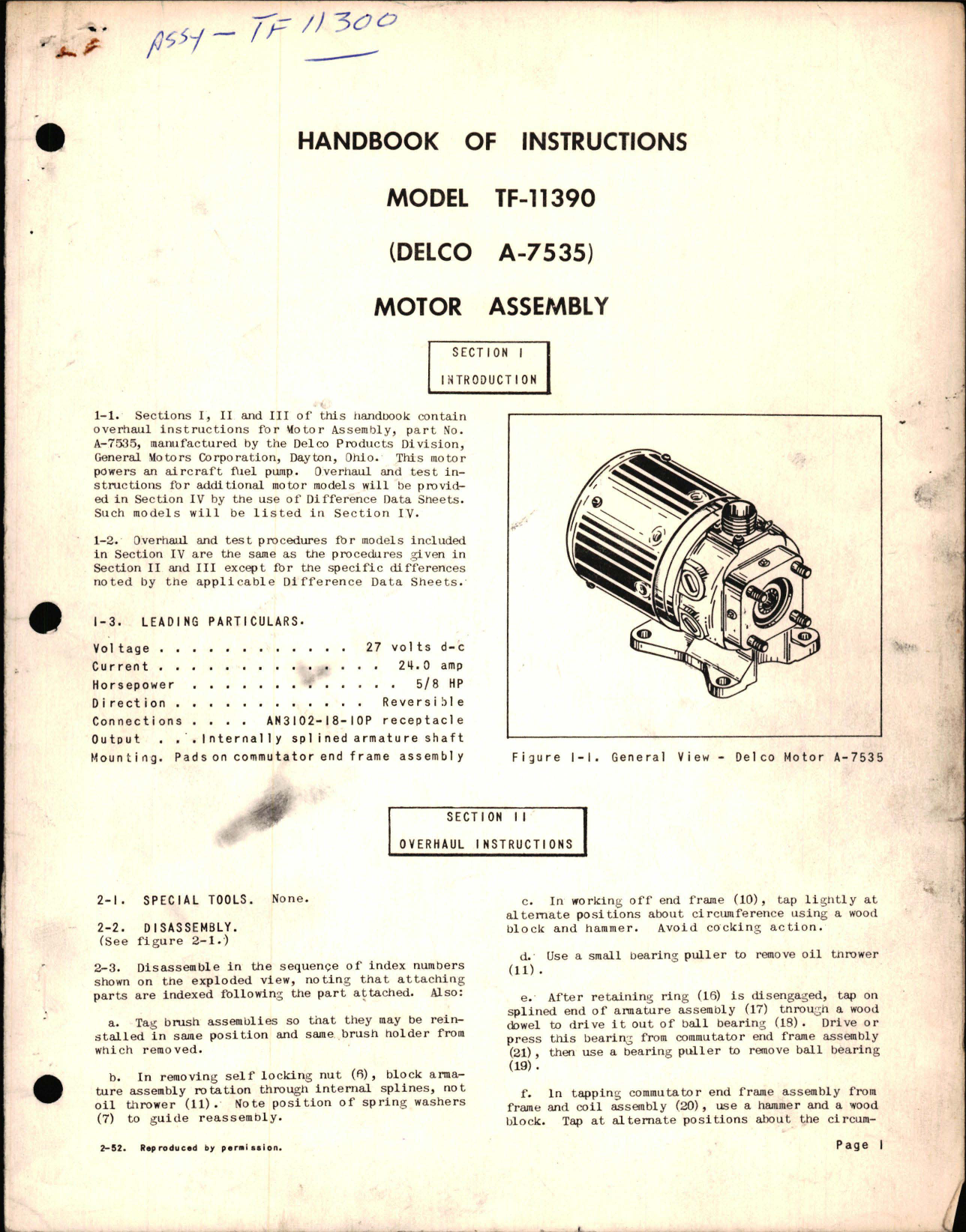 Sample page 1 from AirCorps Library document: Handbook of Instructions for Motor Assembly A-7535 - Model TF-11390 
