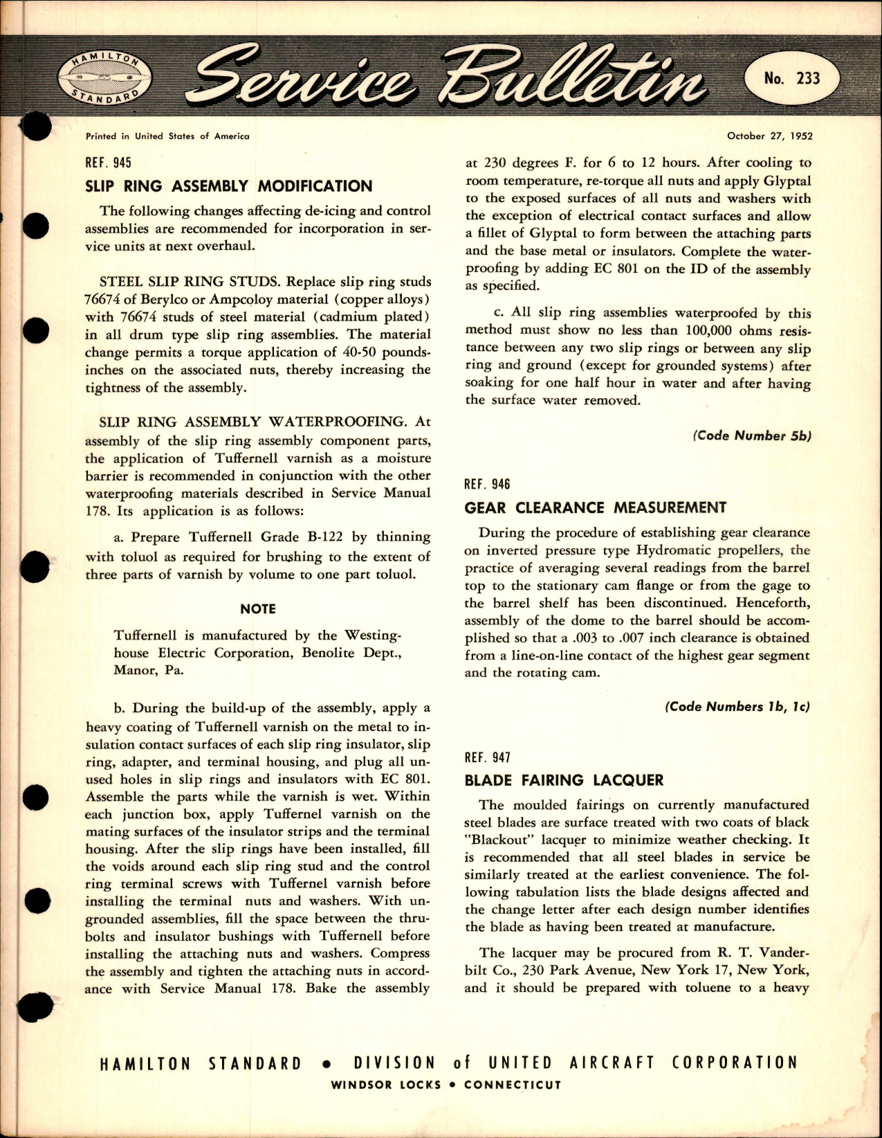 Sample page 1 from AirCorps Library document: Slip Ring Assembly Modification, Ref 945