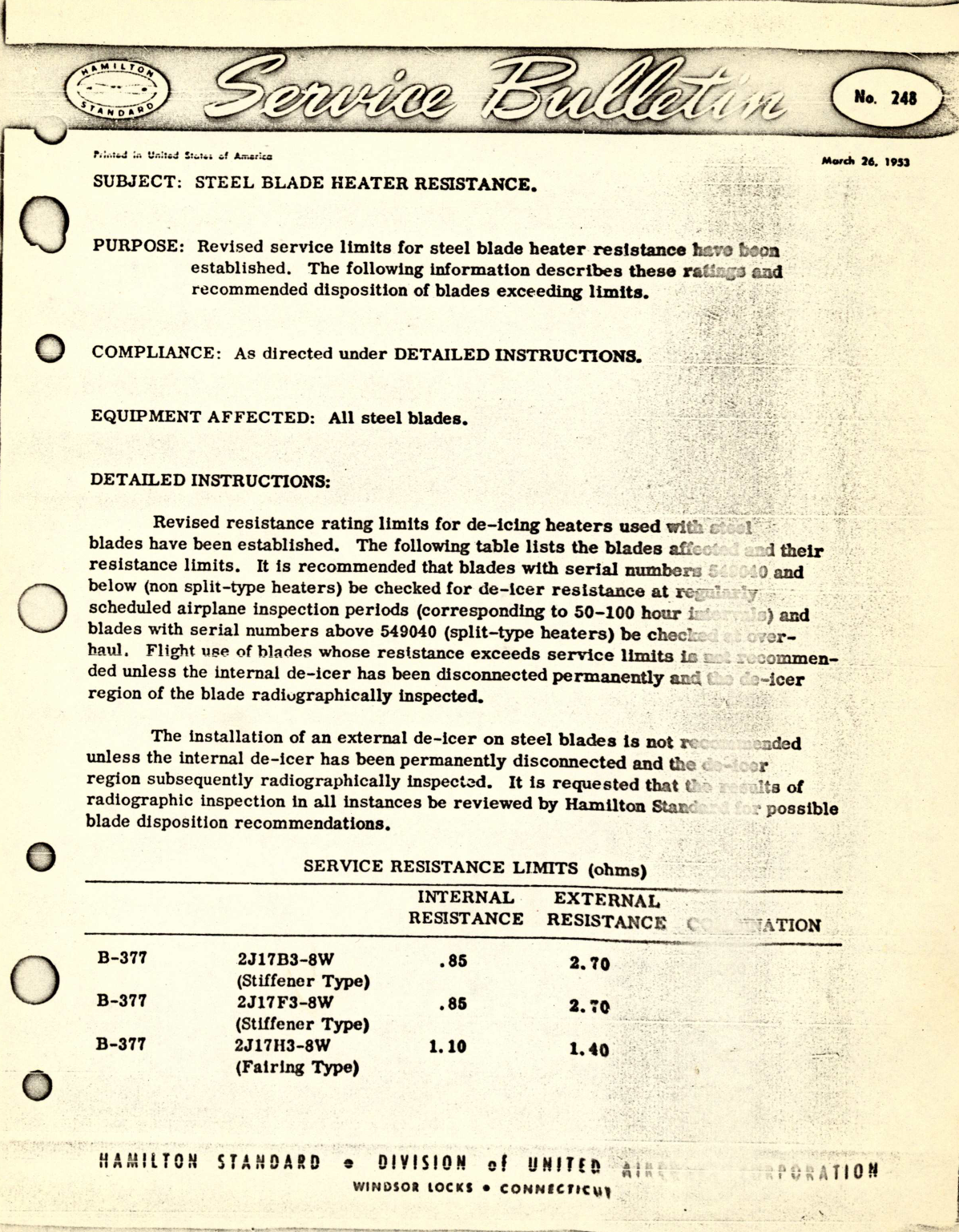Sample page 1 from AirCorps Library document: Steel Blade Heater Resistance