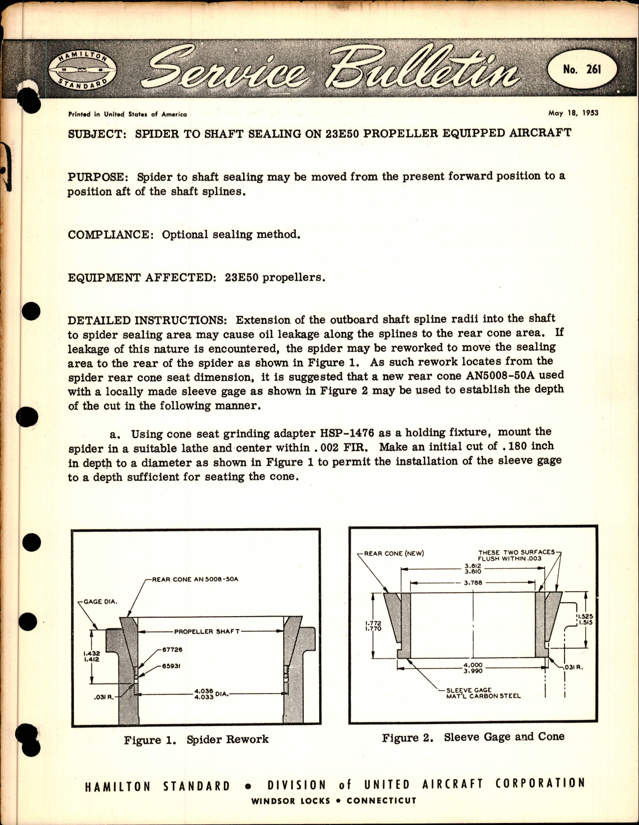 Sample page 1 from AirCorps Library document: Spider to Shaft Sealing on 23E50 Propeller Equipped Aircraft