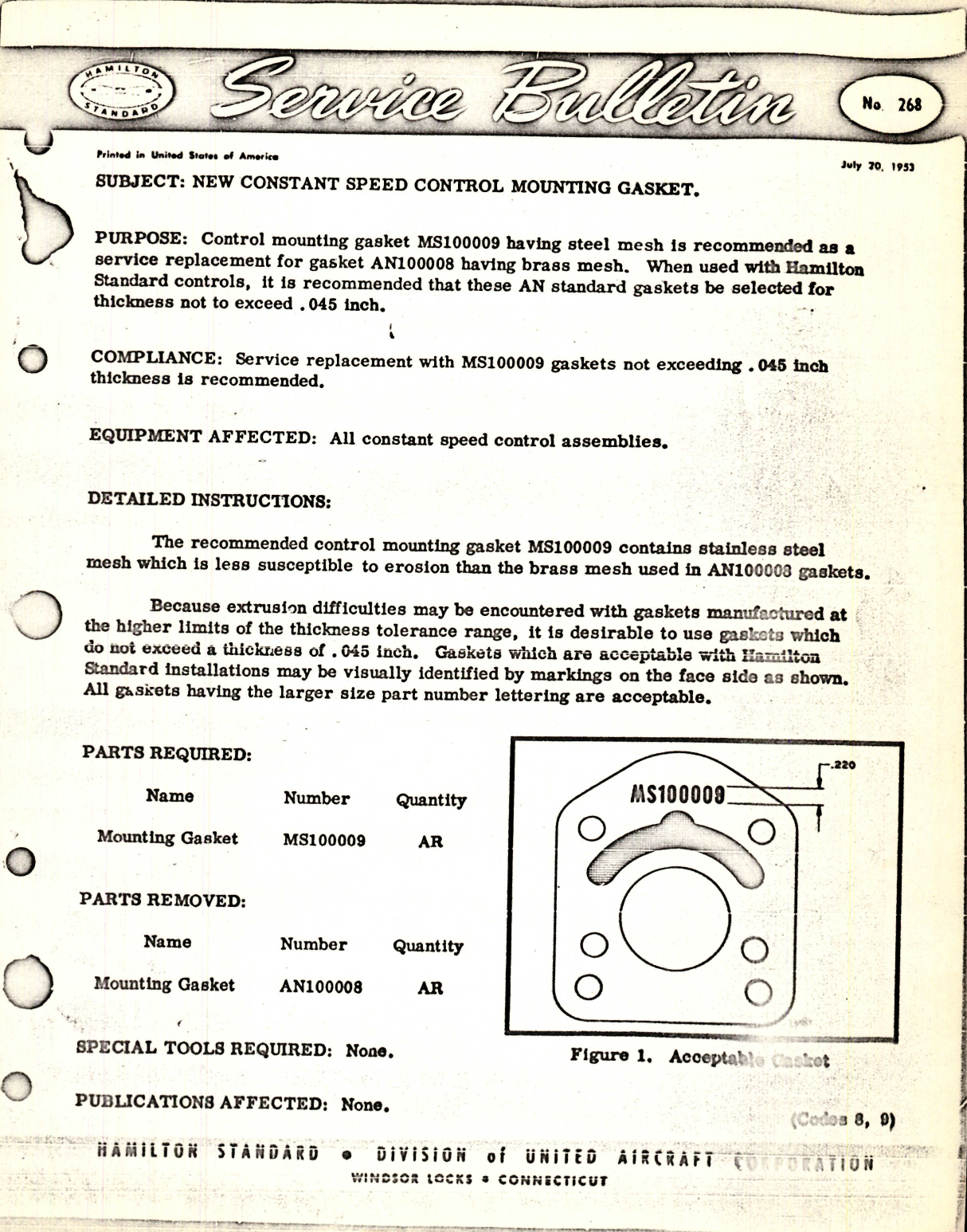Sample page 1 from AirCorps Library document: New Constant Speed Control Mounting Gasket