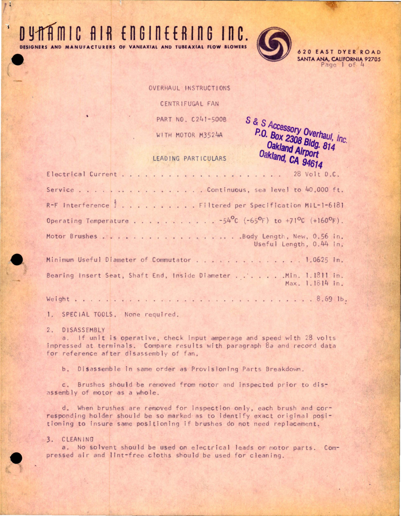 Sample page 1 from AirCorps Library document: Overhaul Instructions for Centrifugal Fan - Part C241-500B with Motor M3524A 