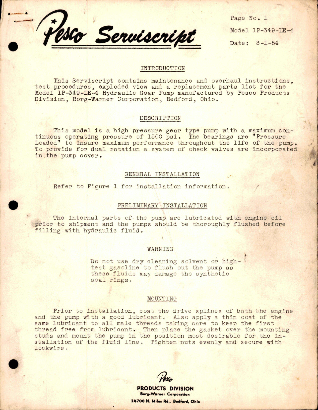 Sample page 1 from AirCorps Library document: Maintenance, Overhaul Instructions, and Test Procedures with Parts List for Hydraulic Gear Pump - Model 1P-349-LE-4 