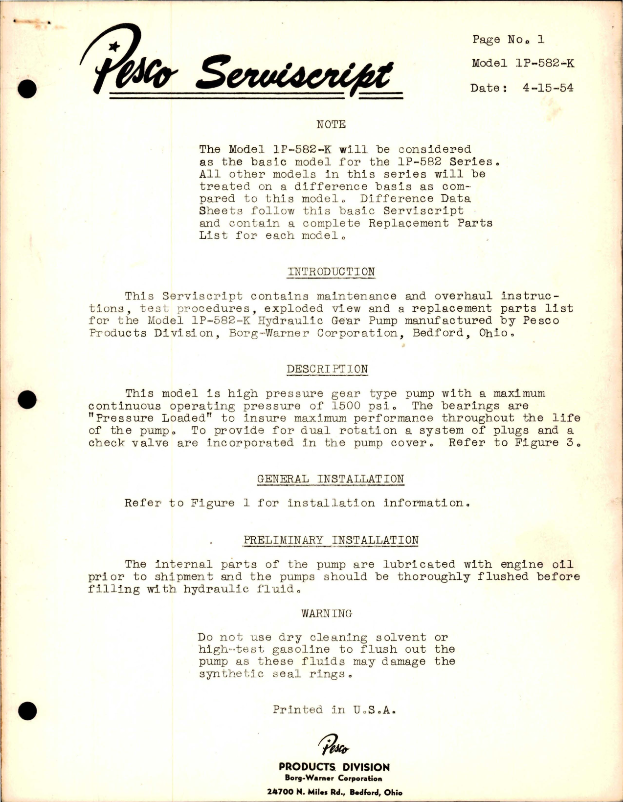 Sample page 1 from AirCorps Library document: Maintenance, Overhaul Instructions, and Test Procedures with Parts List for Hydraulic Gear Pump - Model 1P-582-K 