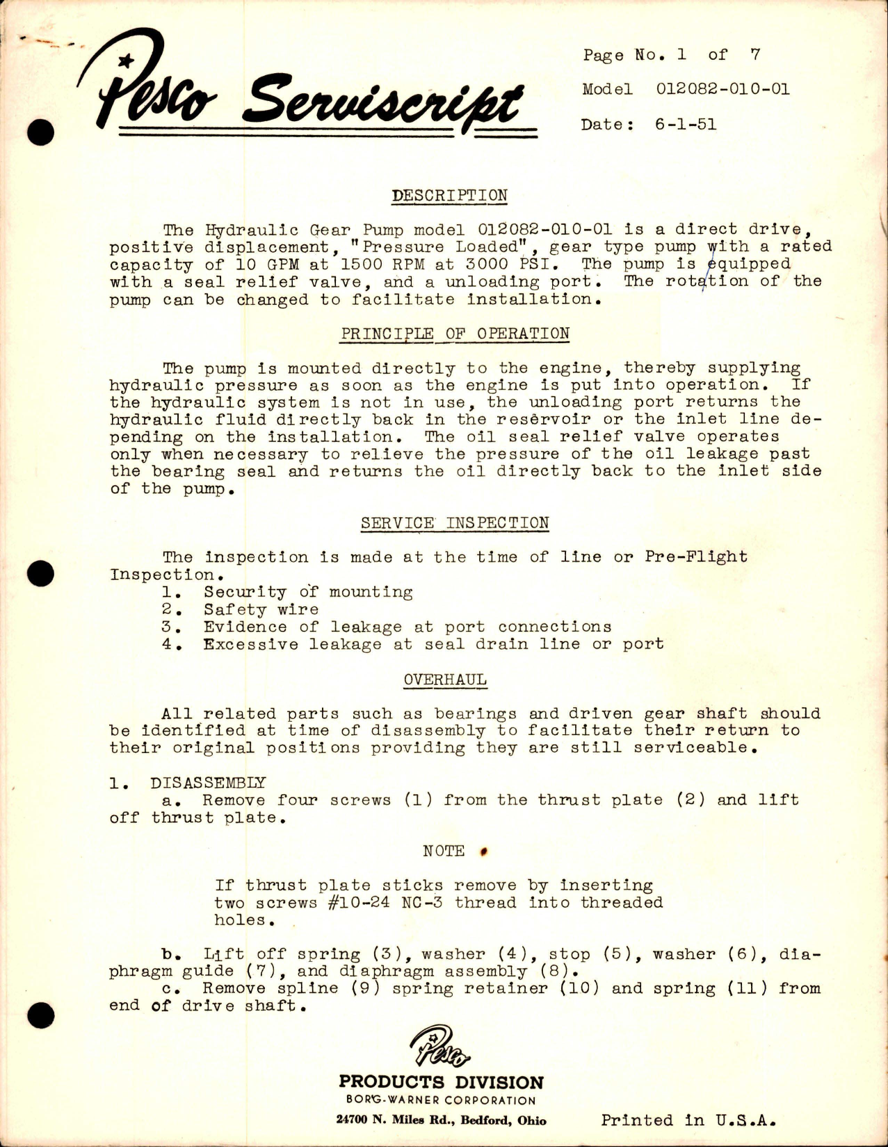 Sample page 1 from AirCorps Library document: Overhaul and Service Instructions for Hydraulic Gear Pump - Model 012082-010-01 