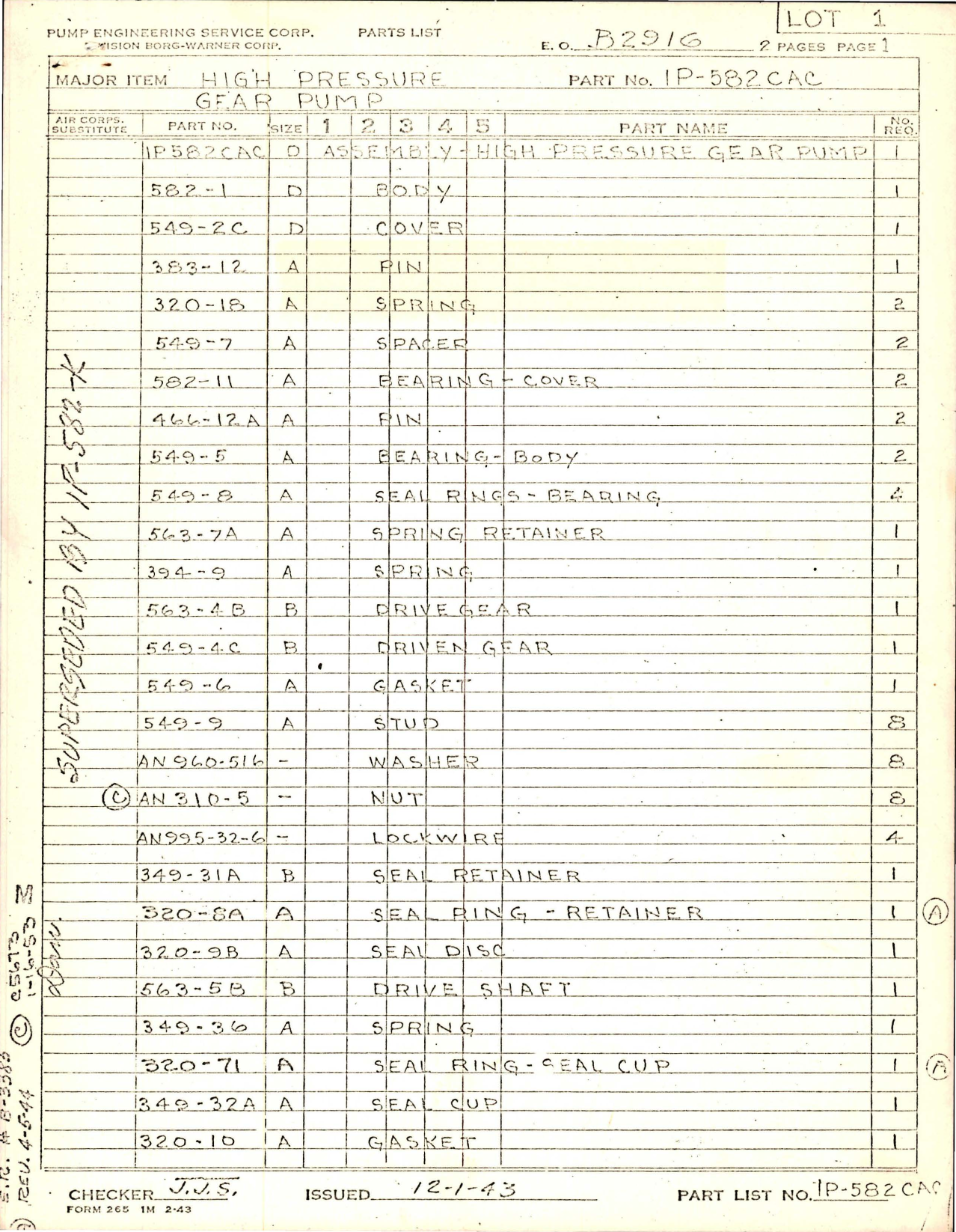 Sample page 1 from AirCorps Library document: Parts List for High Pressure Gear Pump - Part 1P-582CAC 