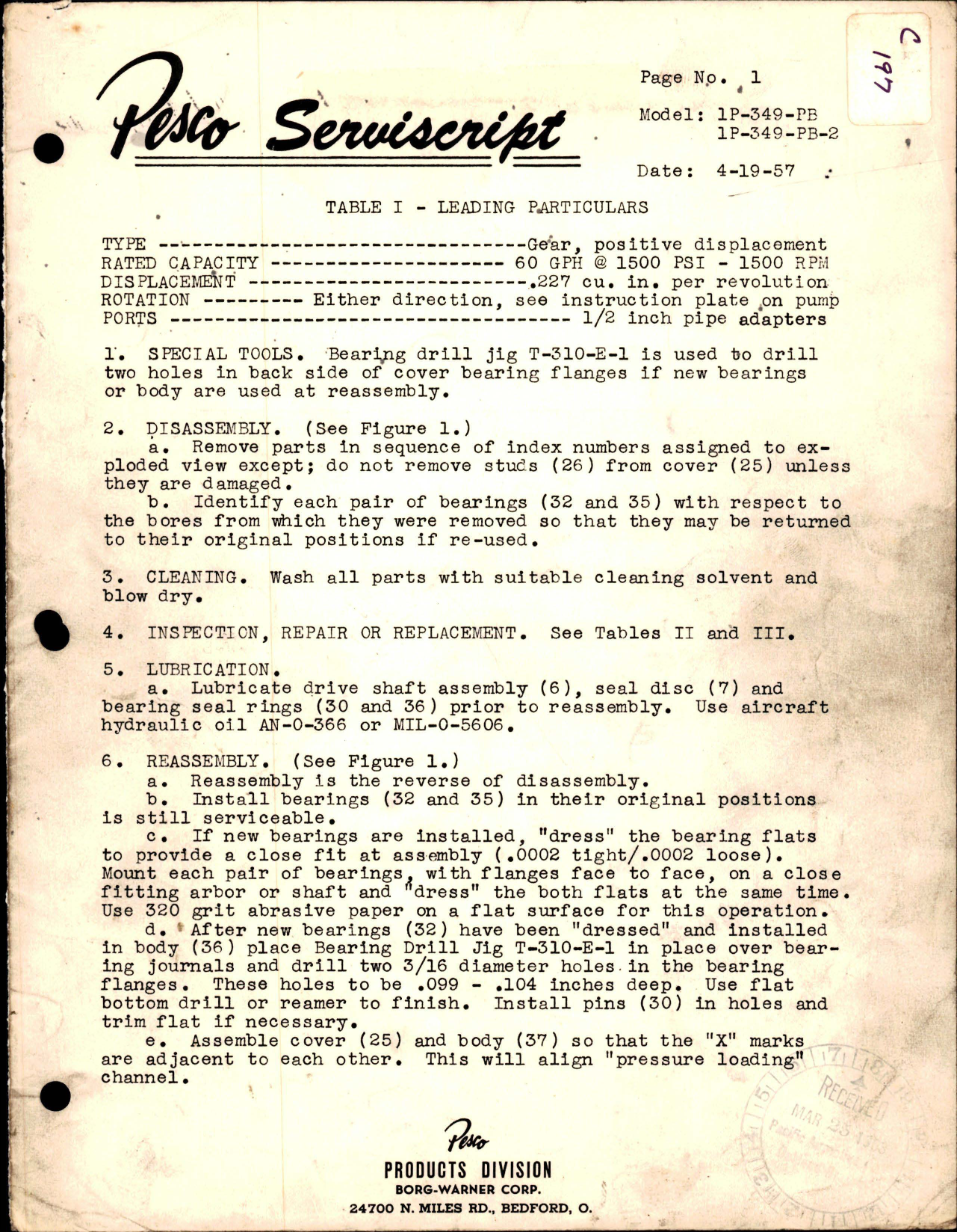 Sample page 1 from AirCorps Library document: Leading Particulars for Hydraulic Pump - Model 1P-349-PB and 1P-349-PB-2 