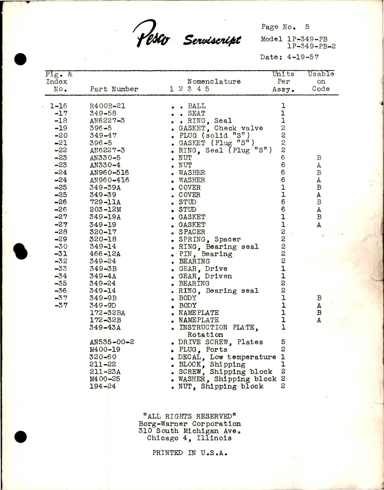 Sample page 5 from AirCorps Library document: Leading Particulars for Hydraulic Pump - Model 1P-349-PB and 1P-349-PB-2 
