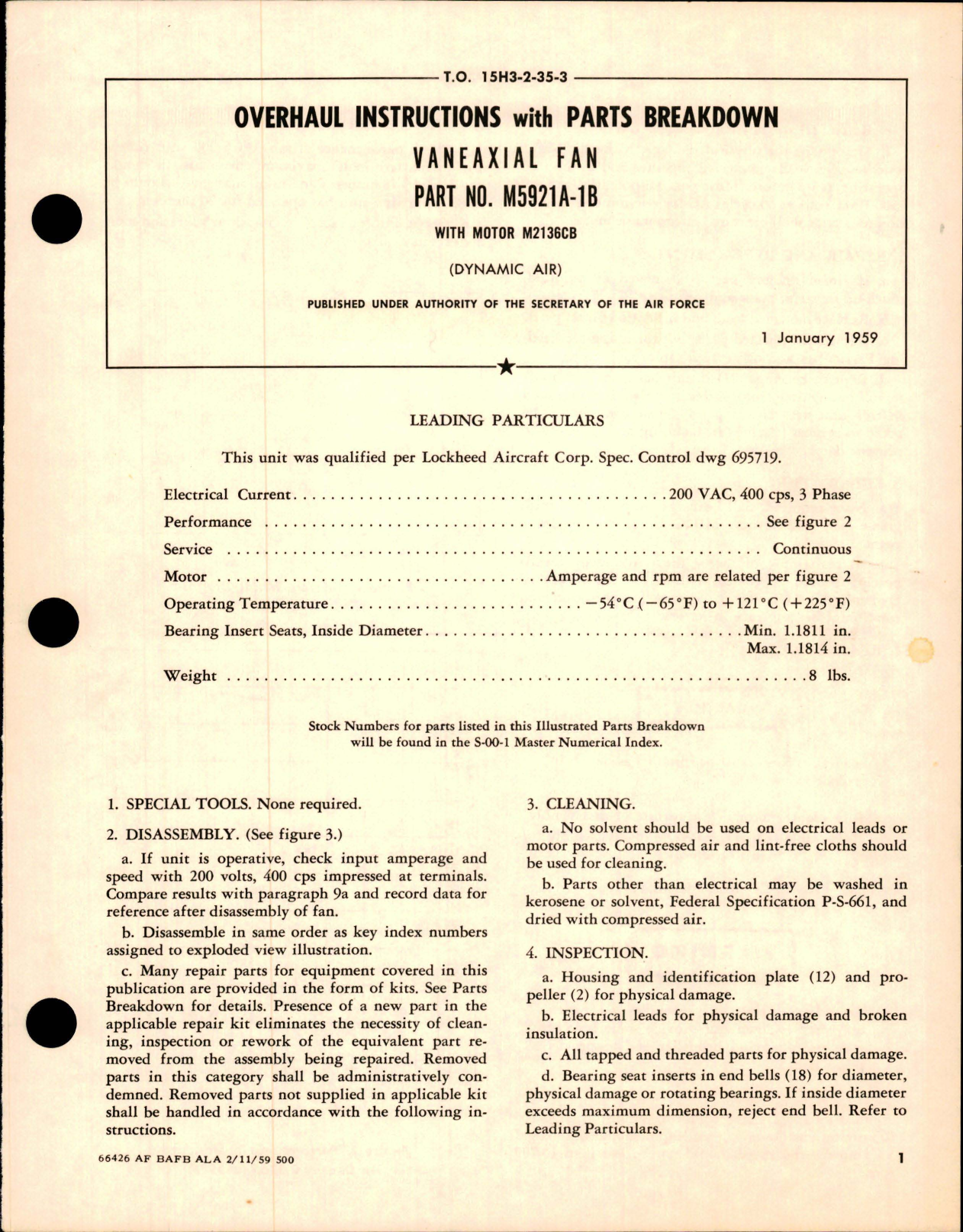 Sample page 1 from AirCorps Library document: Overhaul Instructions with Parts Breakdown for Vaneaxial Fan - Part M5921A-1B with Motor M2136CB