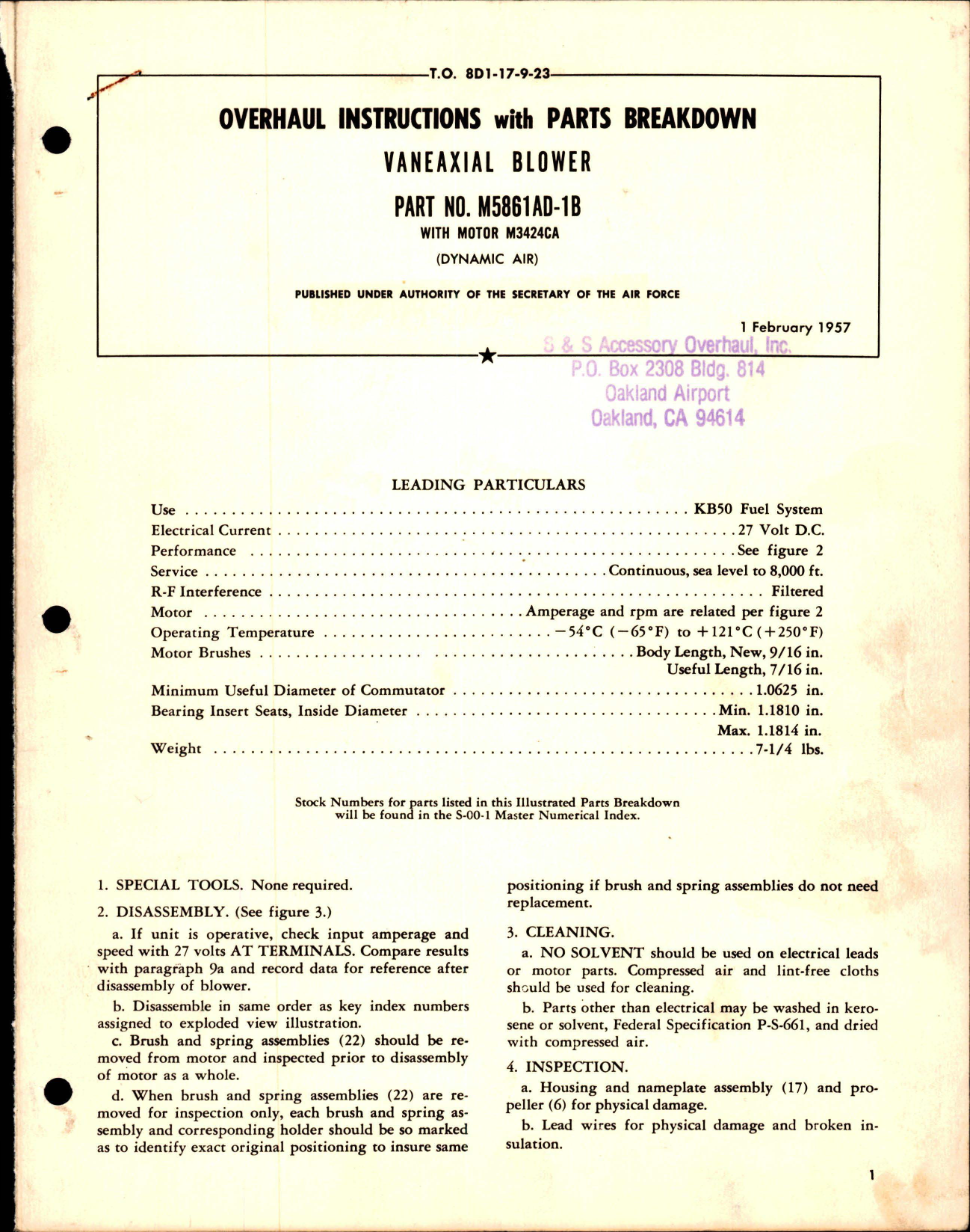 Sample page 1 from AirCorps Library document: Overhaul Instructions with Parts Breakdown for Vaneaxial Blower - Part M5861AD-1B with Motor M3424CA