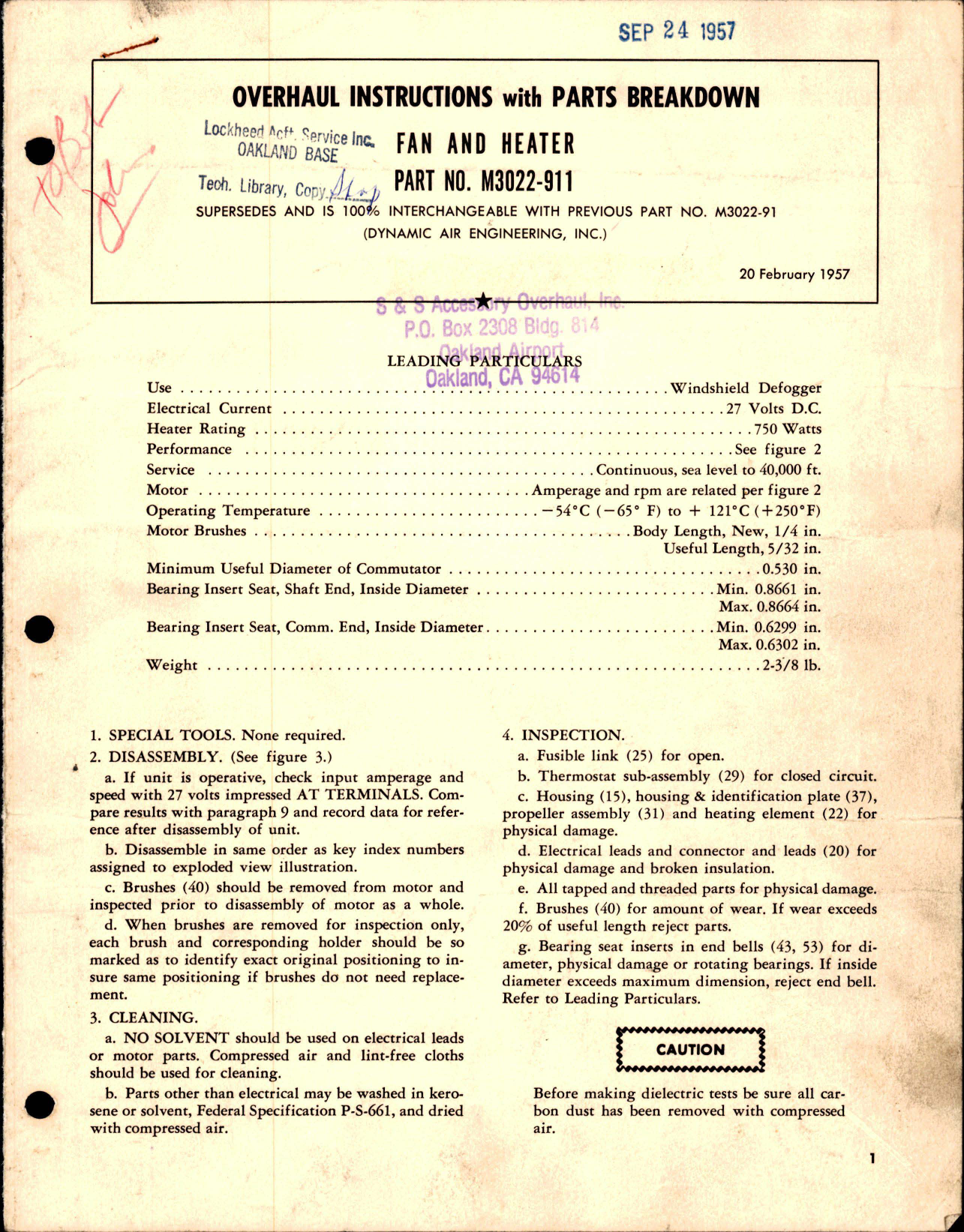 Sample page 1 from AirCorps Library document: Overhaul Instructions with Parts Breakdown for Fan and Heater - Part M3022-911 