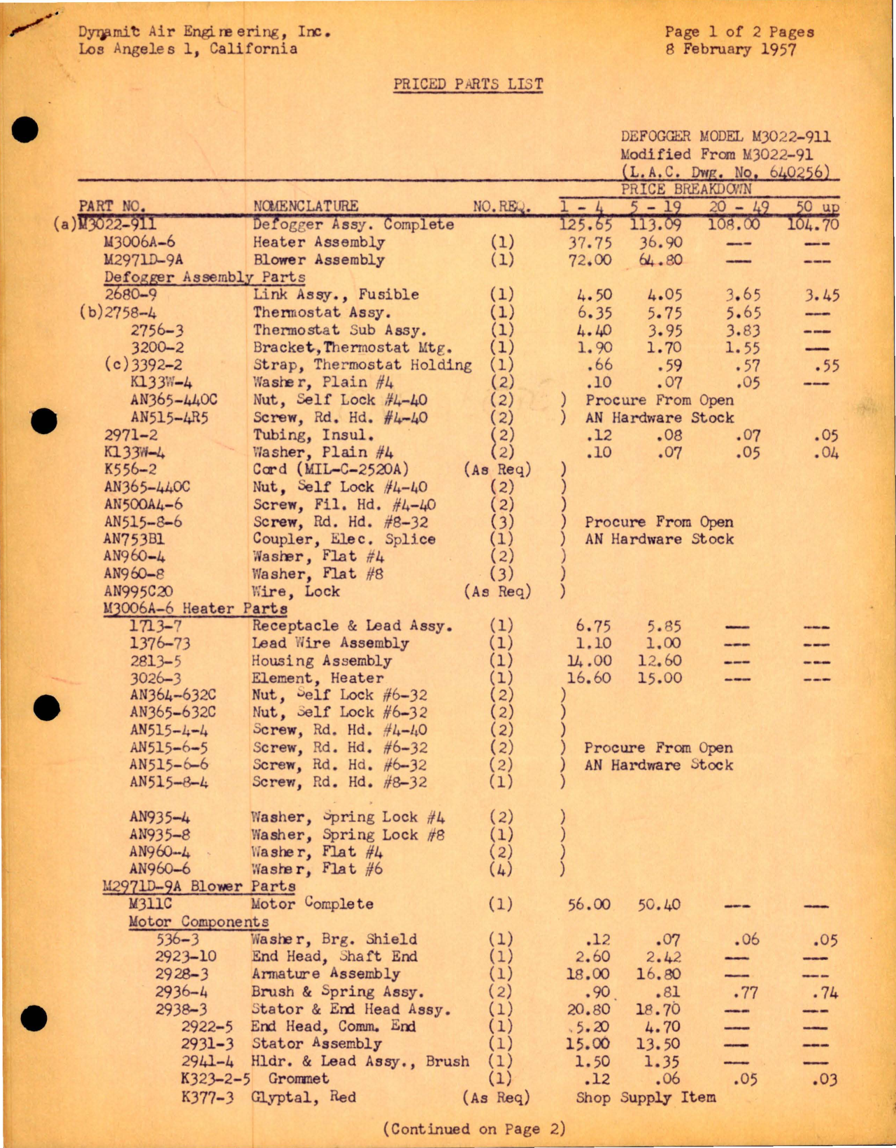 Sample page 1 from AirCorps Library document: Parts List for Defogger Assembly - Model M3022-911 
