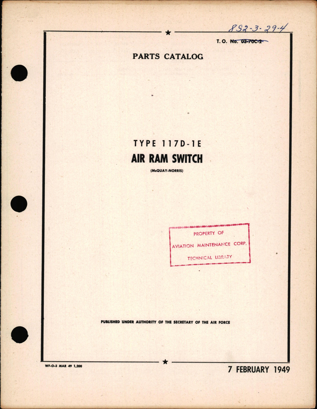 Sample page 1 from AirCorps Library document: Parts Catalog for Type 117D-1E Air Ram Switch