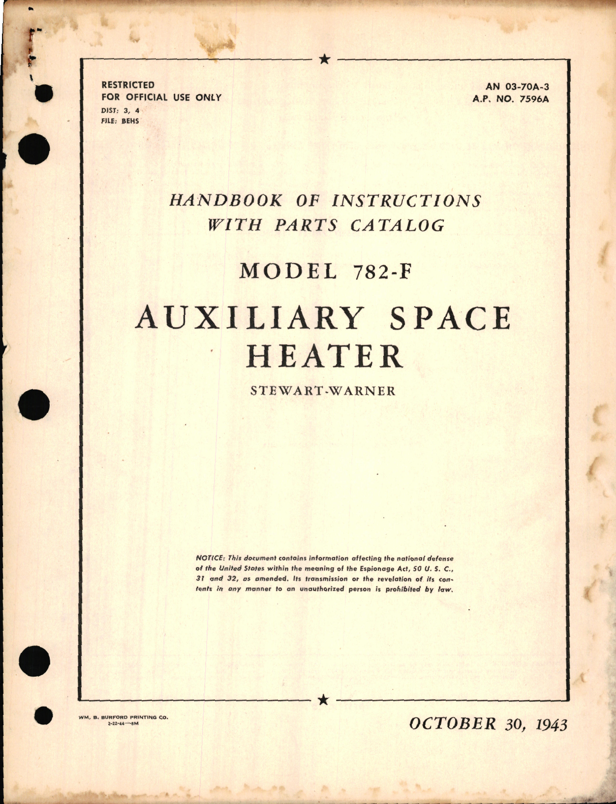 Sample page 1 from AirCorps Library document: Handbook of Instructions with Parts Catalog for Model 782-F Auxiliary Space Heater