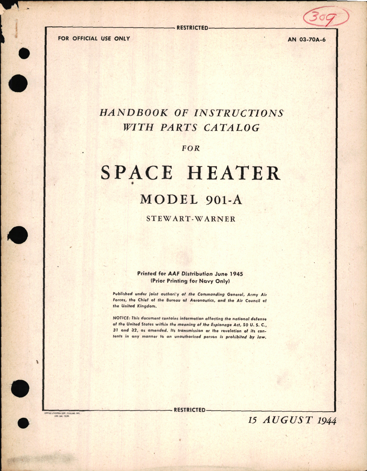 Sample page 1 from AirCorps Library document: Handbook of Instructions with Parts Catalog for Space Heater Model 901-A