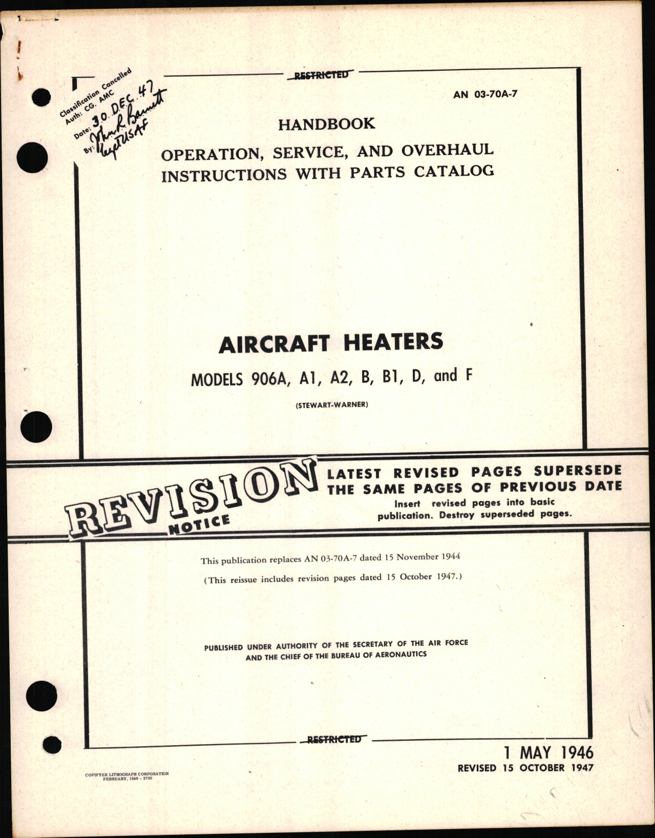 Sample page 1 from AirCorps Library document: Operation, Service, and Overhaul Instructions with Parts Catalog for Aircraft Heaters Model 906