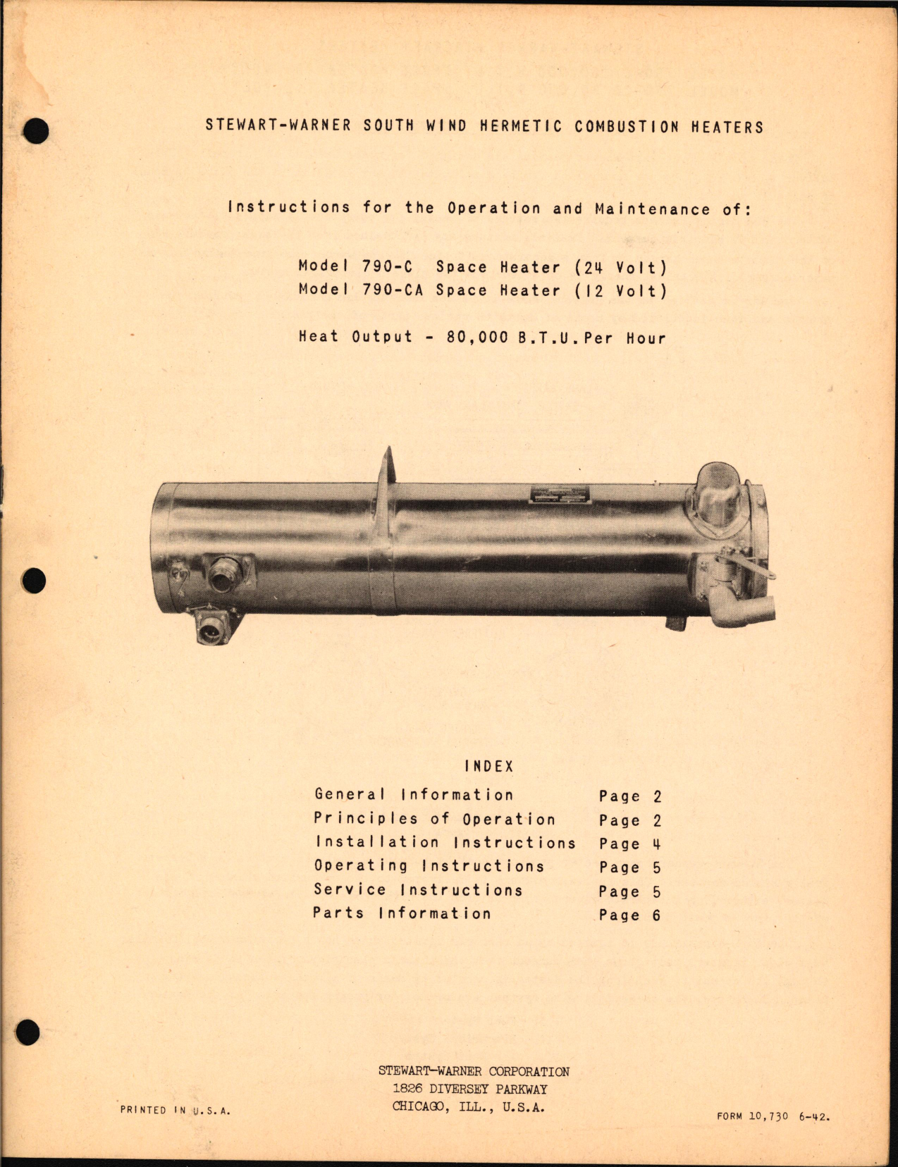 Sample page 1 from AirCorps Library document: Instructions for the Operation of Models 790-C and 790-CA Space Heaters