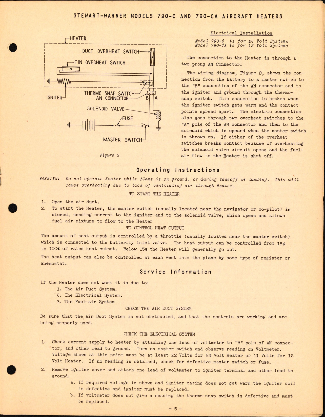 Sample page 5 from AirCorps Library document: Instructions for the Operation of Models 790-C and 790-CA Space Heaters