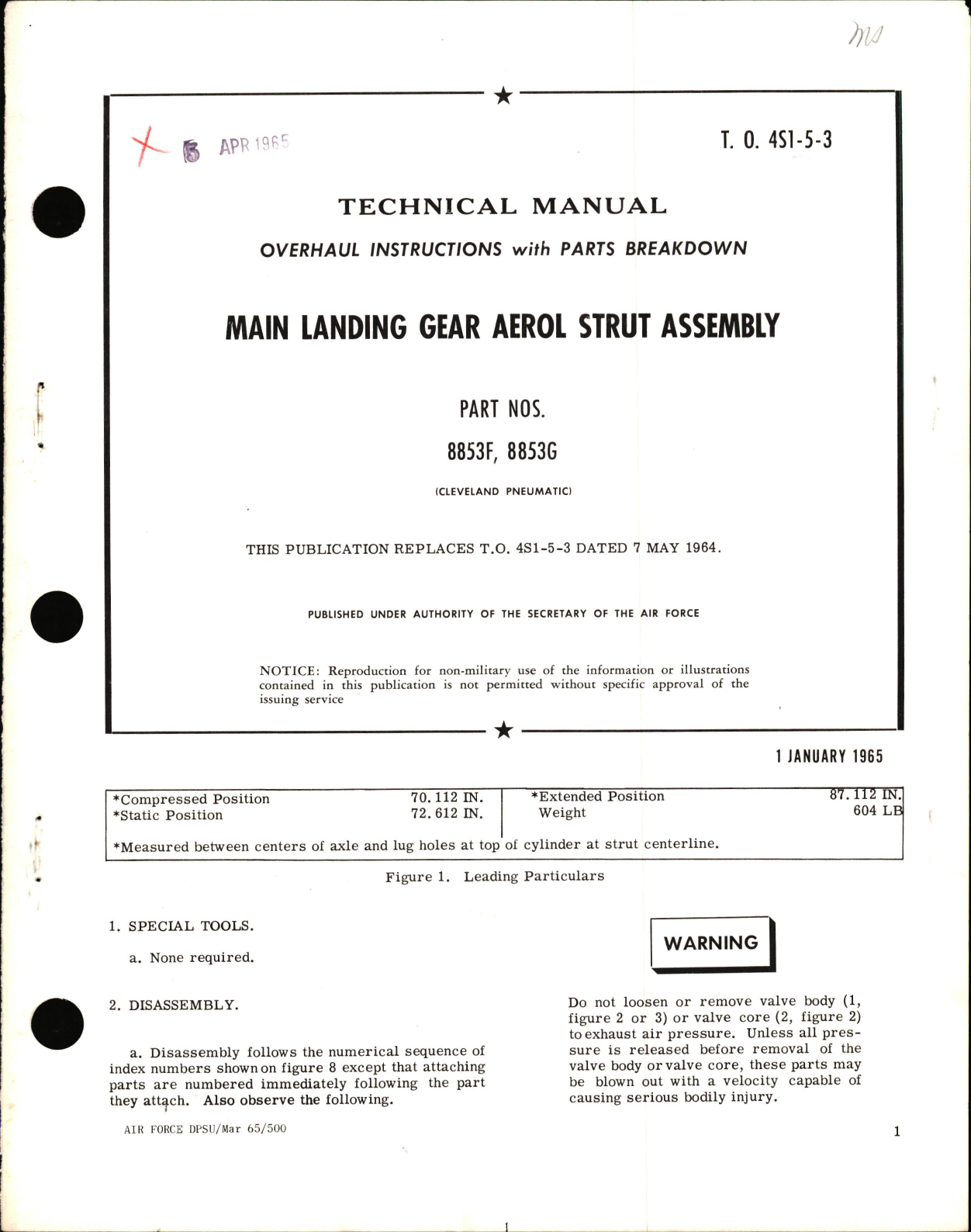 Sample page 1 from AirCorps Library document: Overhaul Instructions with Parts Breakdown for Main Landing Gear Aerol Strut Assembly Part Nos. 8853F & 8853G