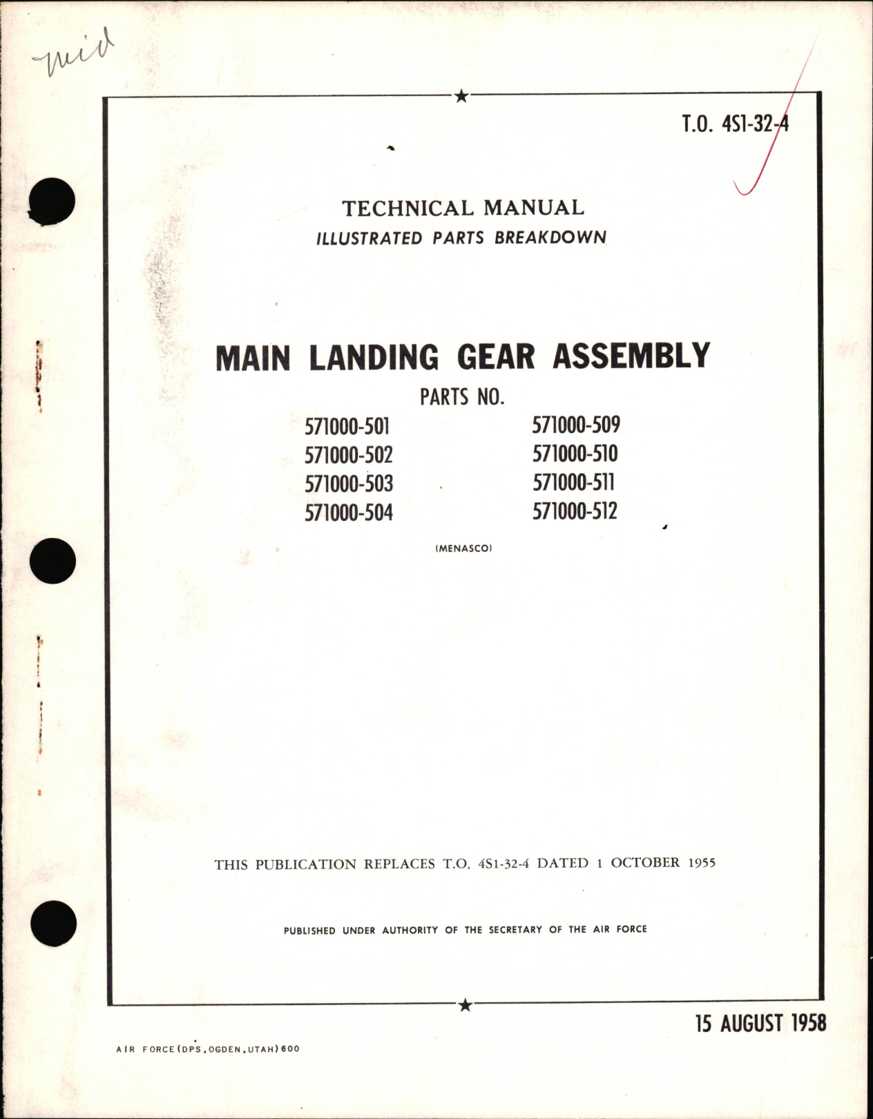 Sample page 1 from AirCorps Library document: Illustrated Parts Breakdown for Main Landing Gear Assembly Part Nos. 517000-501, -502, -503, -504, -509, -510, -511, -512