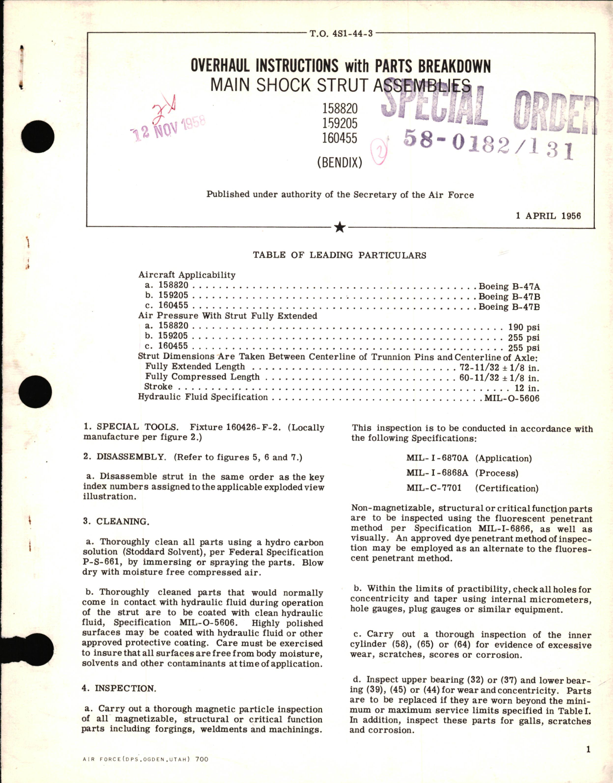 Sample page 1 from AirCorps Library document: Overhaul Instructions with Parts Breakdown for Main Shock Strut Assemblies Part Nos. 158820, 159205, 160455