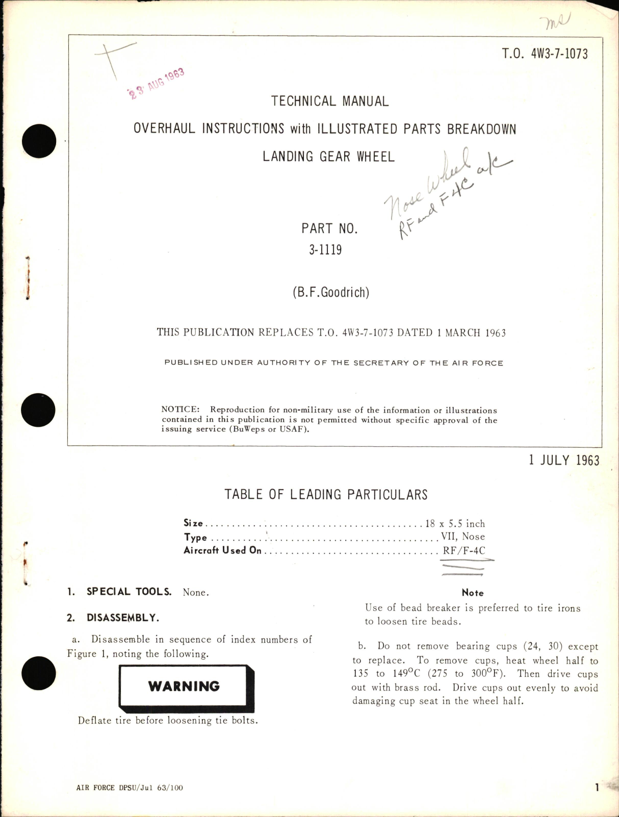 Sample page 1 from AirCorps Library document: Overhaul Instructions with Illustrated Parts Breakdown for Landing Gear Wheel Part No. 3-1119