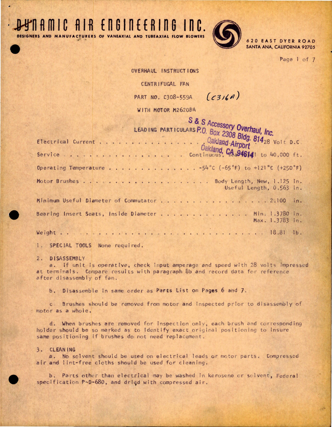 Sample page 1 from AirCorps Library document: Overhaul Instructions for Centrifugal Fan - Part C308-559A - Motor M2620BA 