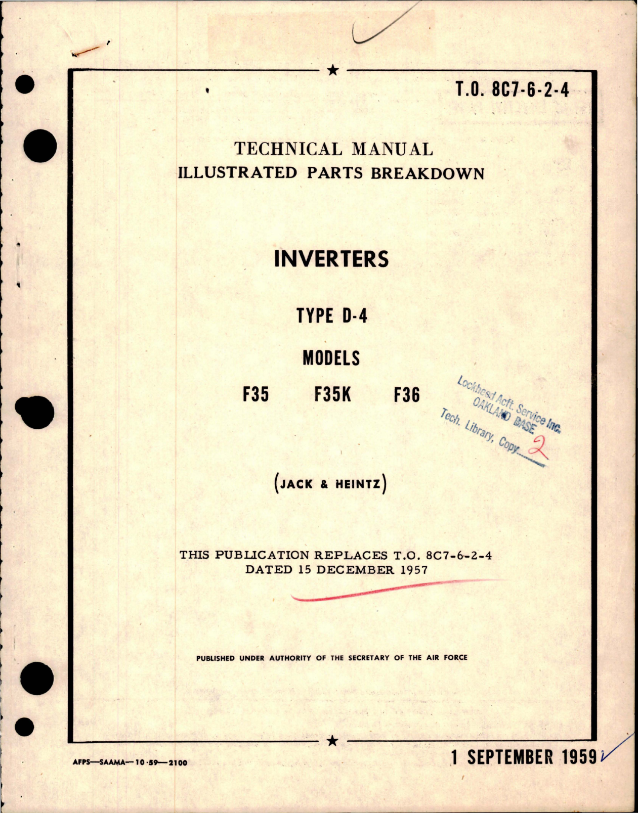 Sample page 1 from AirCorps Library document: Illustrated Parts Breakdown for Inverters - Type D-4 - Models F35, F35K and F36 