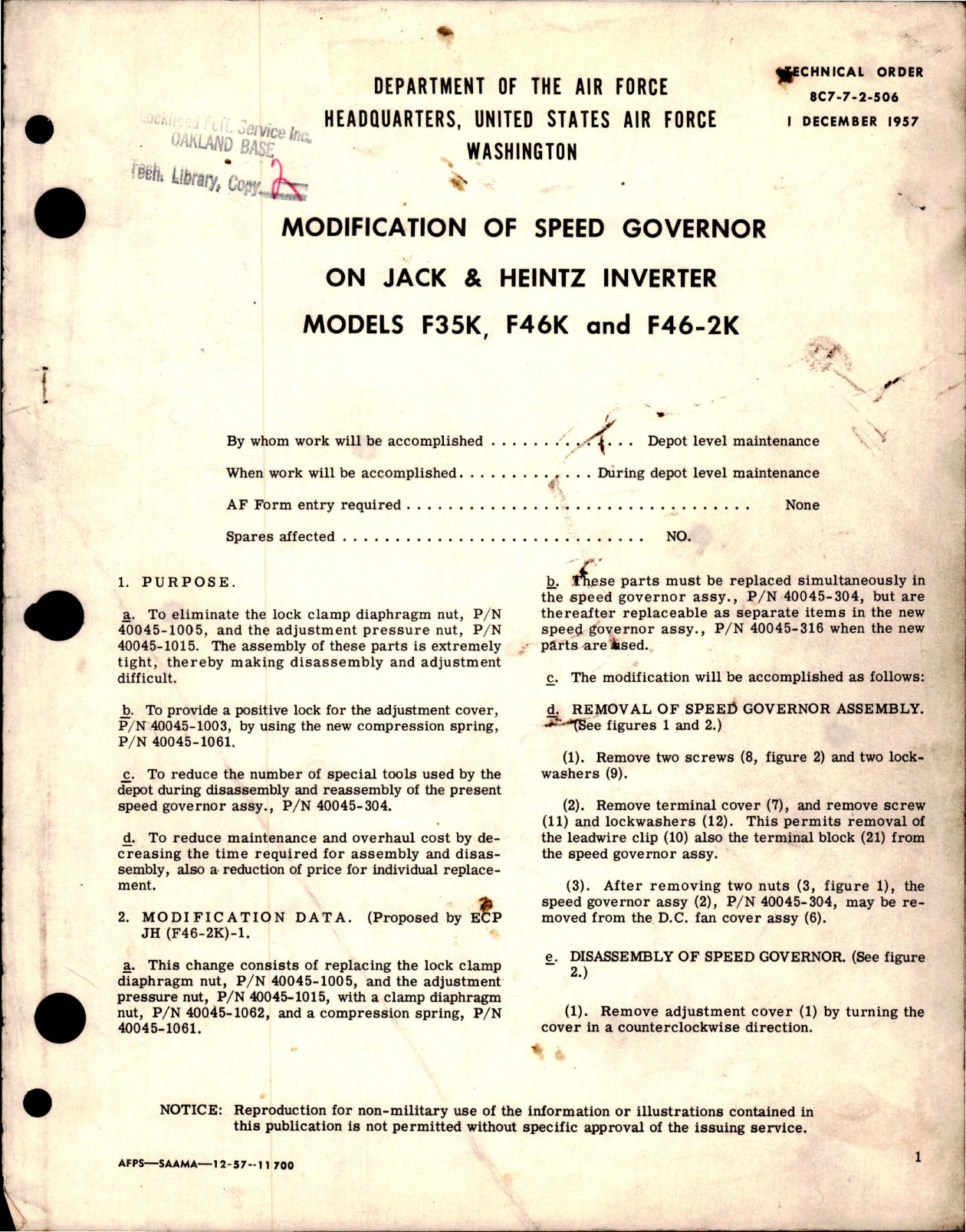 Sample page 1 from AirCorps Library document: Modification of Speed Governor on Jack & Heintz Inverter - Models F35K, F46K, and F46-2K