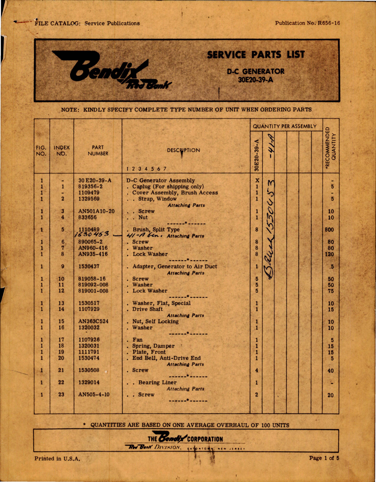 Sample page 1 from AirCorps Library document: Service Parts List for Bendix D-C Generator - Part 30E20-39-A