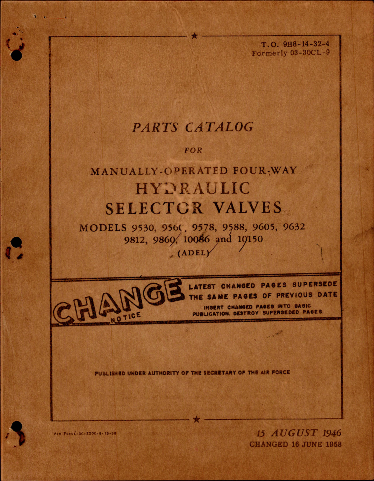 Sample page 1 from AirCorps Library document: Parts Catalog for Manually Operated Four-Way Hydraulic Selector Valves 