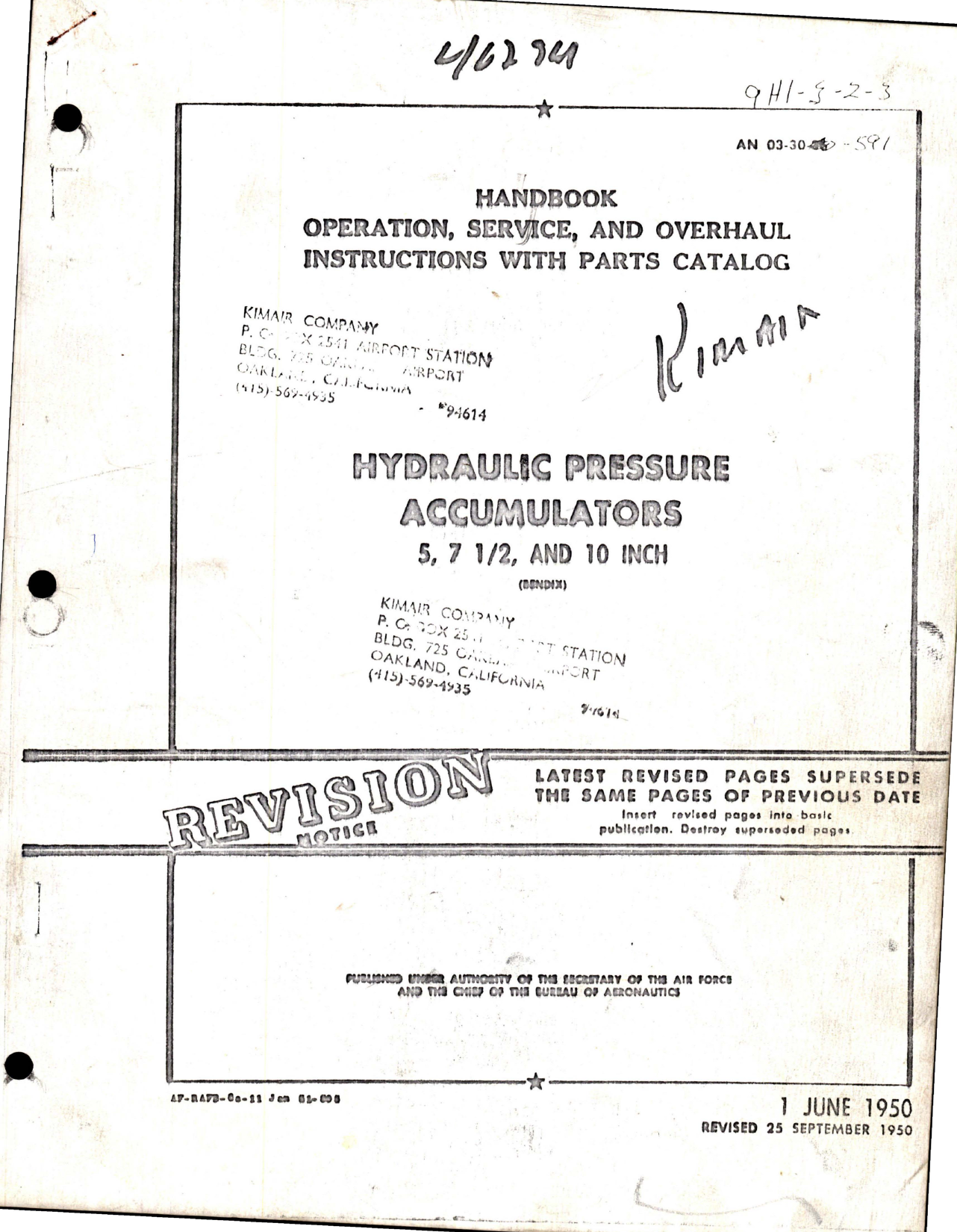 Sample page 1 from AirCorps Library document: Operation, Service, Overhaul with Parts for Hydraulic Pressure Accumulators - 5, 7 1/2 and 10 inch 