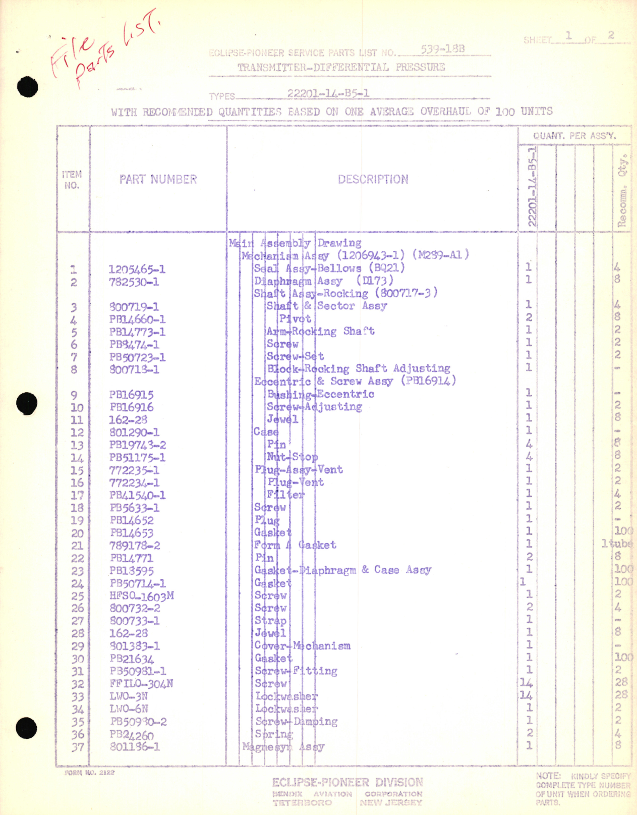 Sample page 1 from AirCorps Library document: Eclipse-Pioneer Service Parts List for Transmitter-Differential Pressure Types 22201-14-B5-1