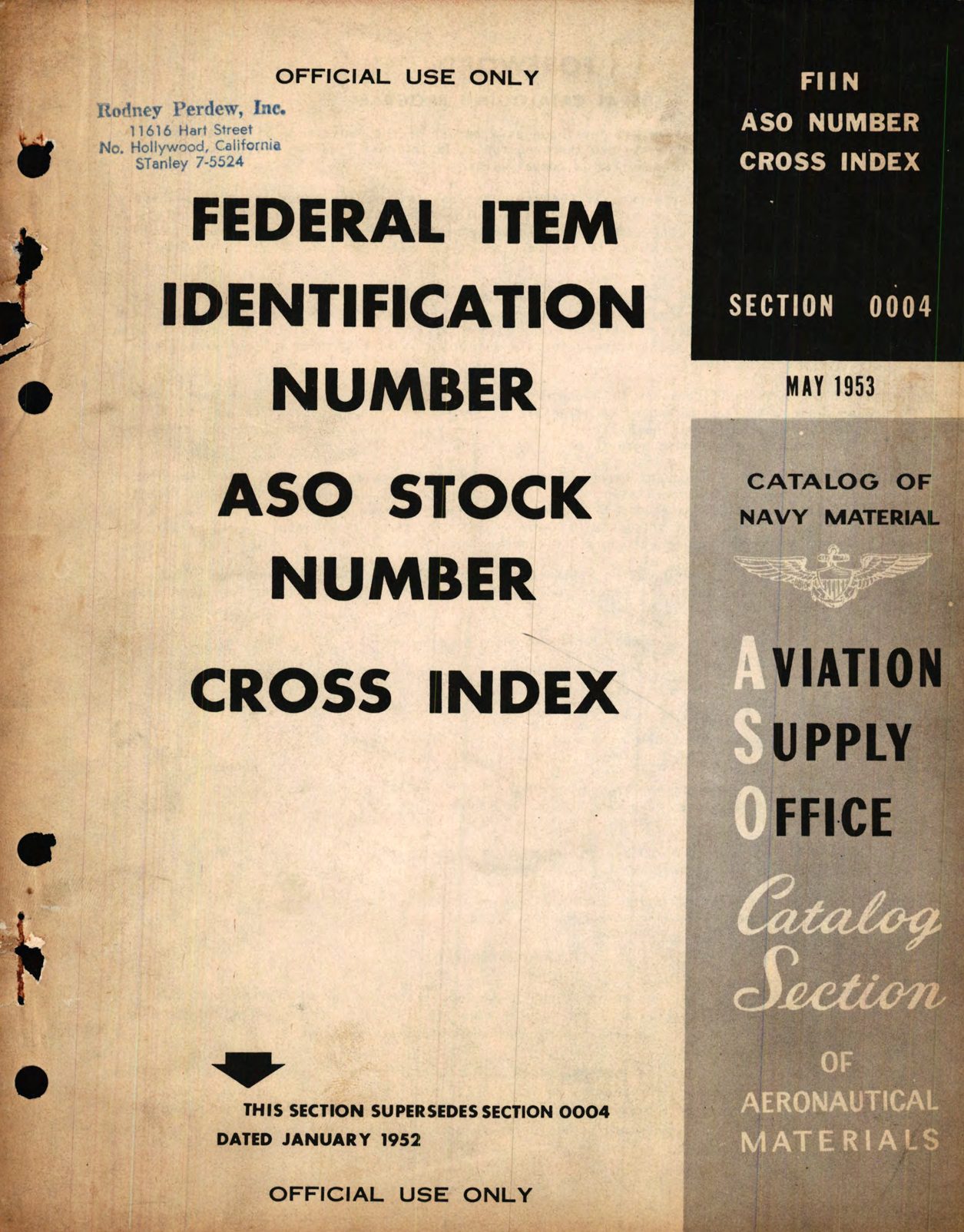 Sample page 1 from AirCorps Library document: Federal Item Identification Number ASO Stock Number Cross Index Catalog of Navy Material