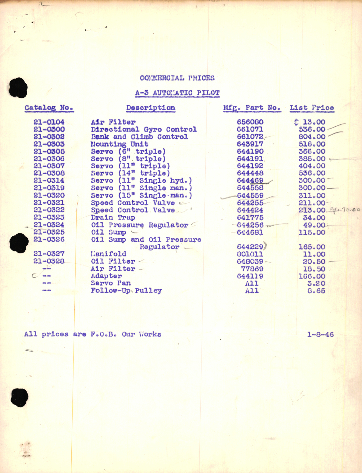 Sample page 1 from AirCorps Library document: Commercial Prices - A-3 Automatic Pilot